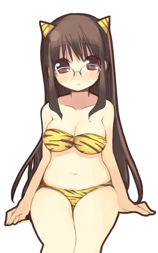 kashiwamochi yomogi, arima senne, lum, original, urusei yatsura, 1girl, animal print, blush, bra, breasts, brown hair, cleavage, cone horns, cosplay, curvy, female focus, glasses, horns, large breasts, lingerie, long hair, lum (cosplay), panties, red eyes, solo, striped horns, tiger print, underwear, underwear only, yellow horns