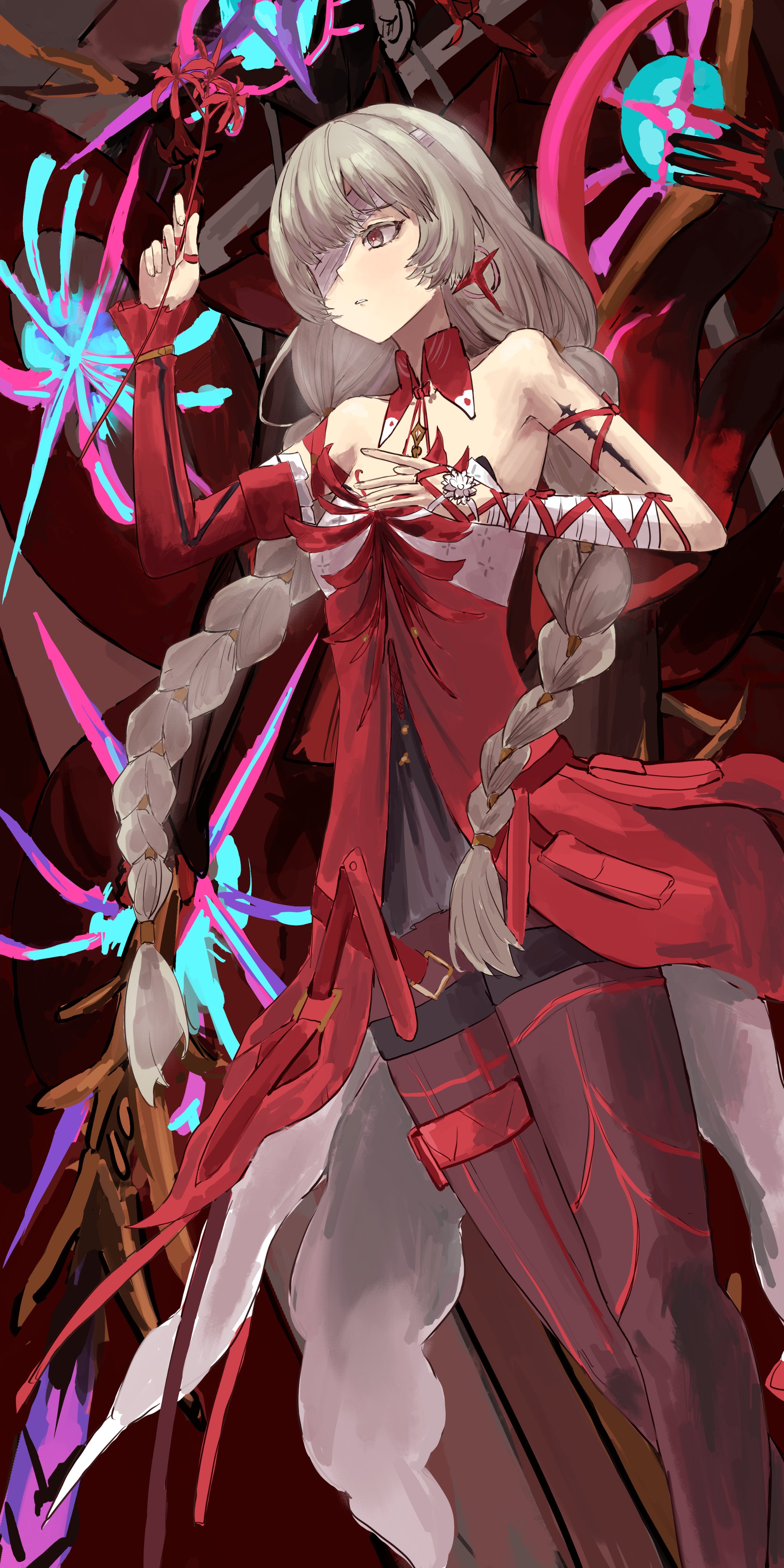 phrolova (wuthering waves), wuthering waves, absurdres, commentary, highres, 1girl, bandage over one eye, bandaged arm, bandages, bare shoulders, black pantyhose, black skirt, braid, breasts, detached sleeves, dress, earrings, feet out of frame, flower, grey eyes, grey hair, halter dress, halterneck, hecate (wuthering waves), holding, holding flower, jewelry, long hair, low twin braids, medium breasts, mizutamarii, pantyhose, parted lips, red dress, single detached sleeve, skirt, spider lily, tacet discord (wuthering waves), tacet mark (wuthering waves), twin braids