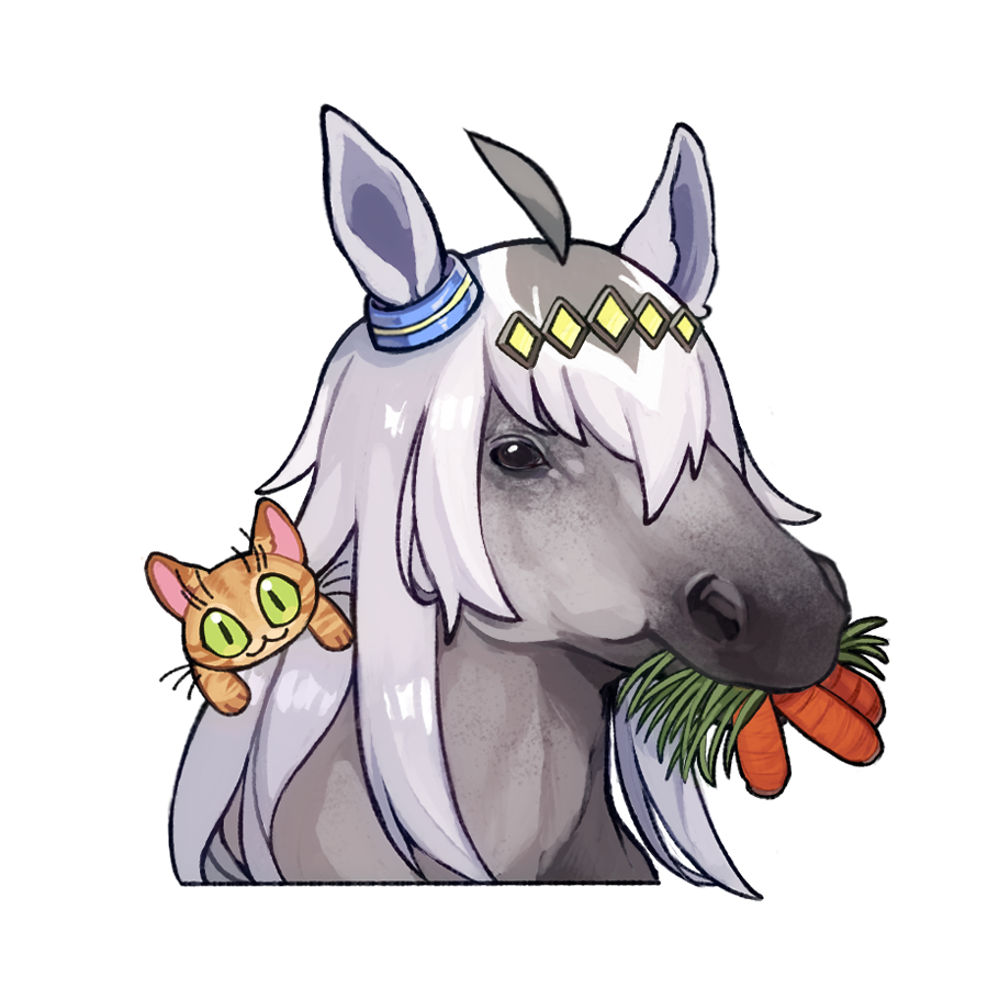 lili (lilistration), oguri cap (racehorse), oguri cap (umamusume), real life, umamusume, commentary, english commentary, :3, ahoge, animalization, carrot, cat, cropped shoulders, eating, food in mouth, grey hair, hair between eyes, hair ornament, hairband, horse, long hair, looking at viewer, multicolored hair, no humans, simple background, smile, tabby cat, upper body, white background