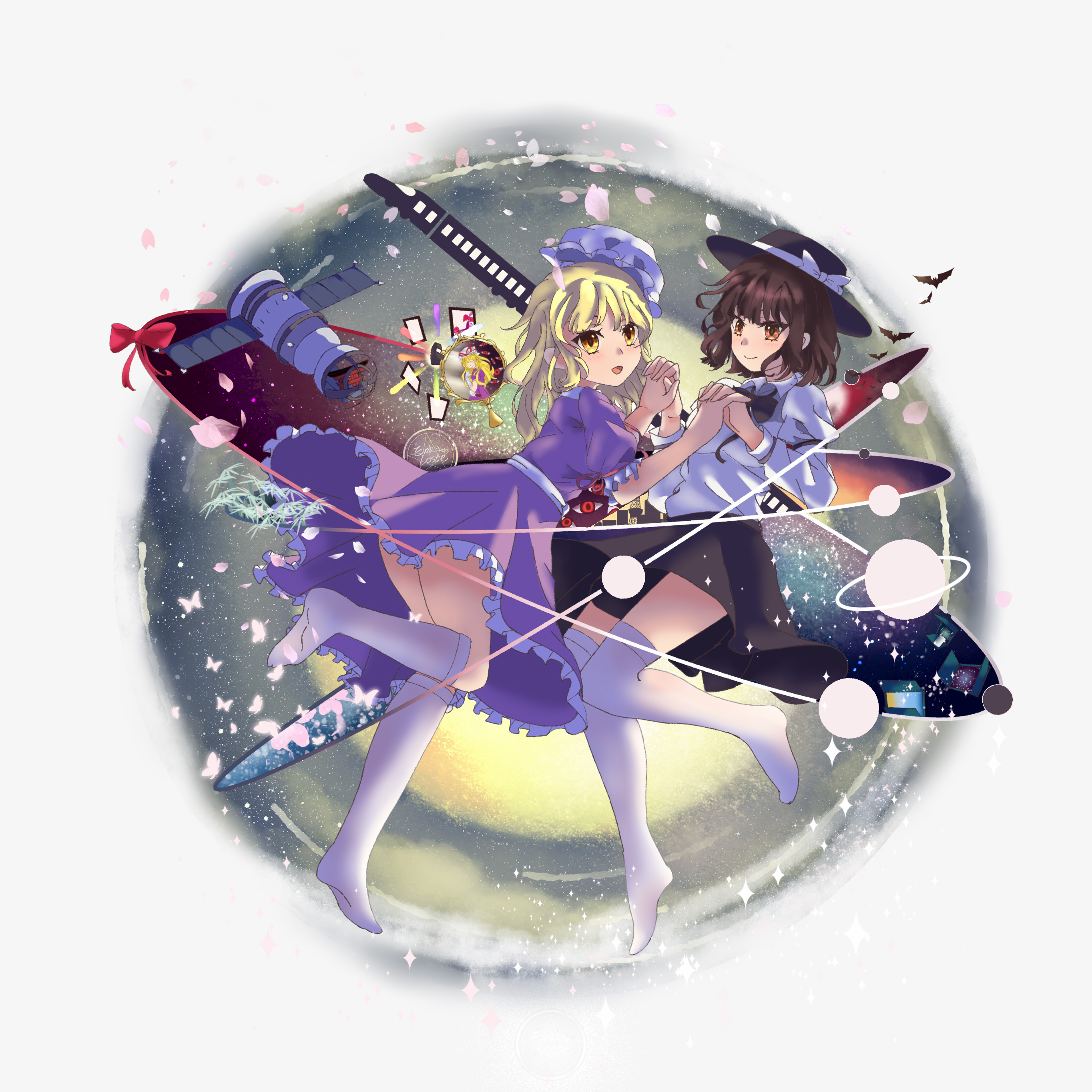 maribel hearn, yakumo yukari, touhou, absurdres, highres, 3girls, arm garter, bat (animal), black bow, black bowtie, black hat, black skirt, blonde hair, bow, bowtie, breasts, brown eyes, brown hair, bug, butterfly, city, door, dress, emloste, fedora, floating, floating hat, flower, frills, gap (touhou), hat, hat bow, holding hands, insect, leg up, medium breasts, multiple girls, purple dress, sash, satellite, saturn (planet), shirt, skirt, sky, socks, space, star (symbol), string, torifune (touhou), train, white background, white hat, white shirt, white socks, yellow eyes, yuri