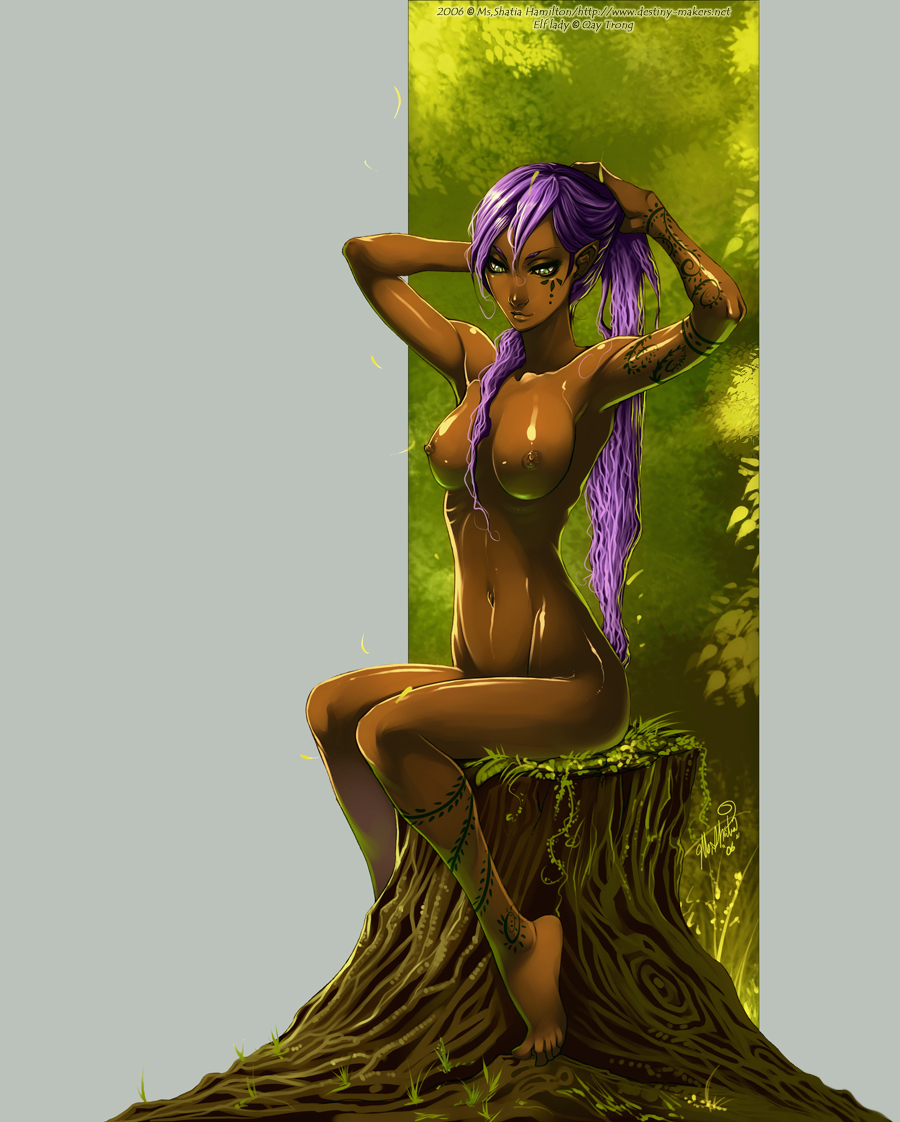 breasts, dark skin, elf, long hair, nude, pointy ears, tattoo