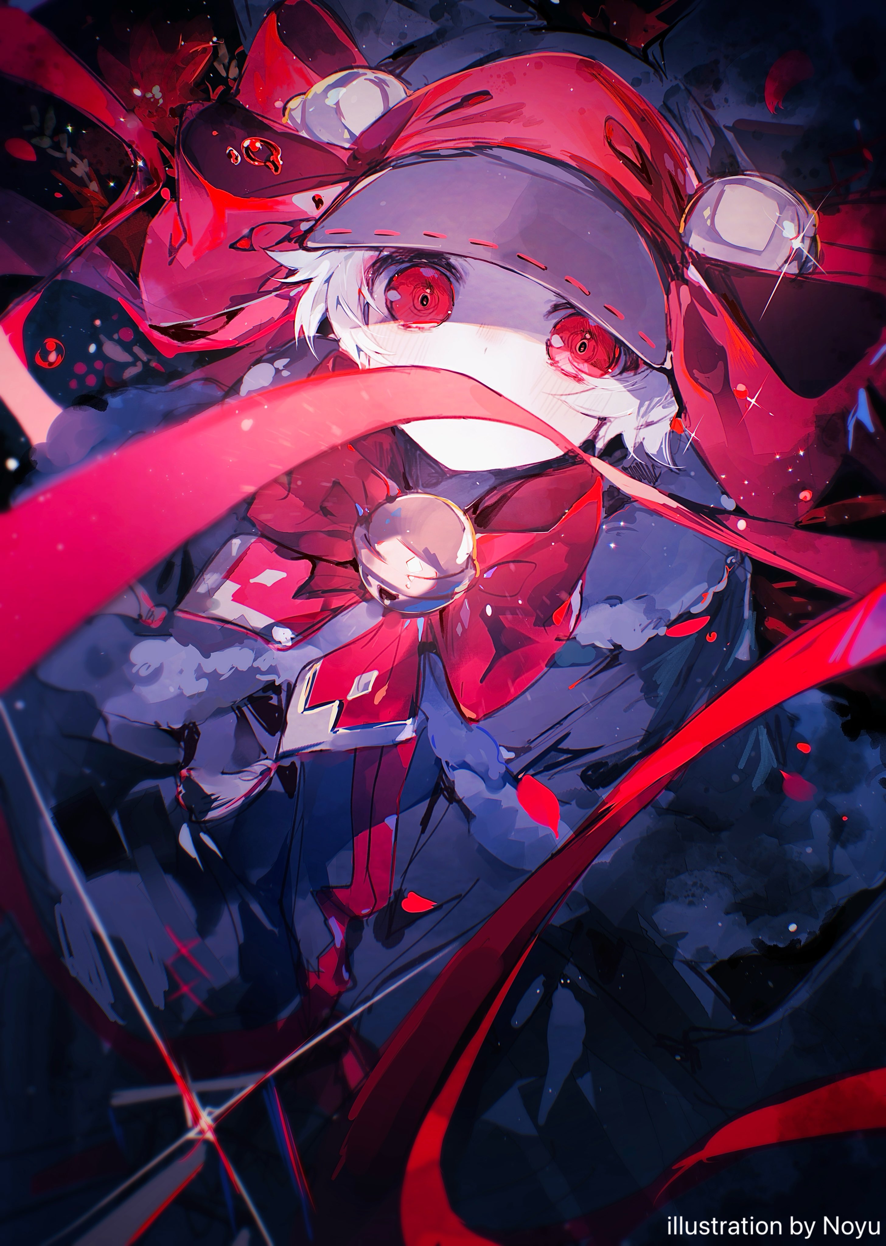 noyu (noyu23386566), original, absurdres, highres, 1boy, 1girl, bell, blush, bow, bowtie, capelet, covered mouth, fur-trimmed capelet, fur trim, glint, hat, jingle bell, looking at viewer, petals, red bow, red eyes, red ribbon, ribbon, solo, white hair