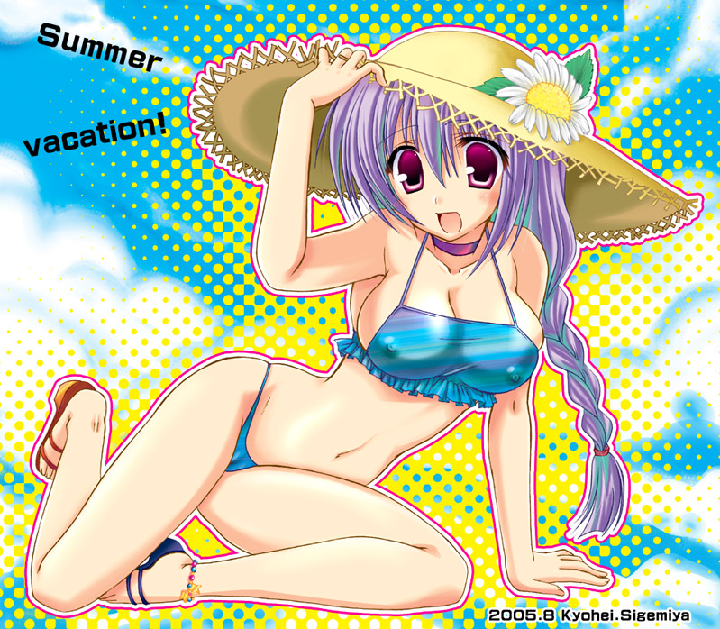 bikini, blush, breasts, long hair, swimsuit