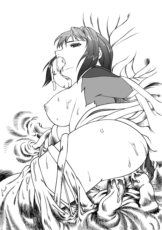 anal, breasts, monochrome, open clothes, open shirt, shirt, short hair, tentacles