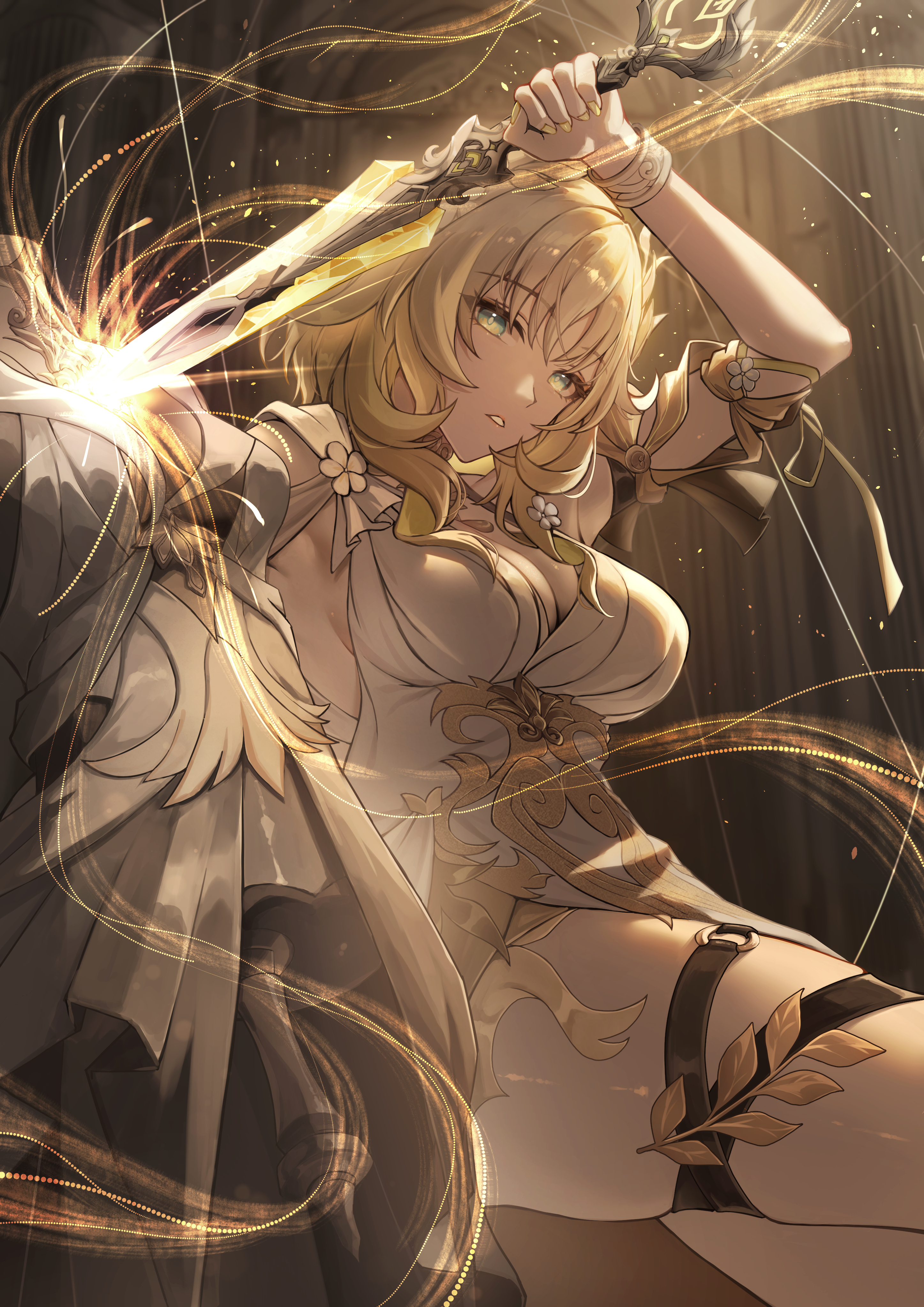 hal aluha, aglaea (honkai: star rail), honkai: star rail, honkai (series), absurdres, commentary, highres, 1girl, ancient greek clothes, arm up, blonde hair, breasts, cleavage, drawing sword, dress, fingernails, garmentmaker (honkai: star rail), greco-roman clothes, green eyes, holding, holding sword, holding weapon, looking at viewer, medium breasts, medium hair, nail polish, o-ring, o-ring thigh strap, parted lips, skindentation, solo, sword, thigh strap, thighs, weapon, white dress, yellow nails, yellow theme