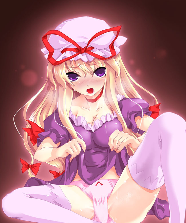 yakumo yukari, touhou, 1girl, blush, breasts, clothes lift, dress, female focus, gradient background, long hair, panties, skirt, skirt lift, solo, thighhighs, underwear