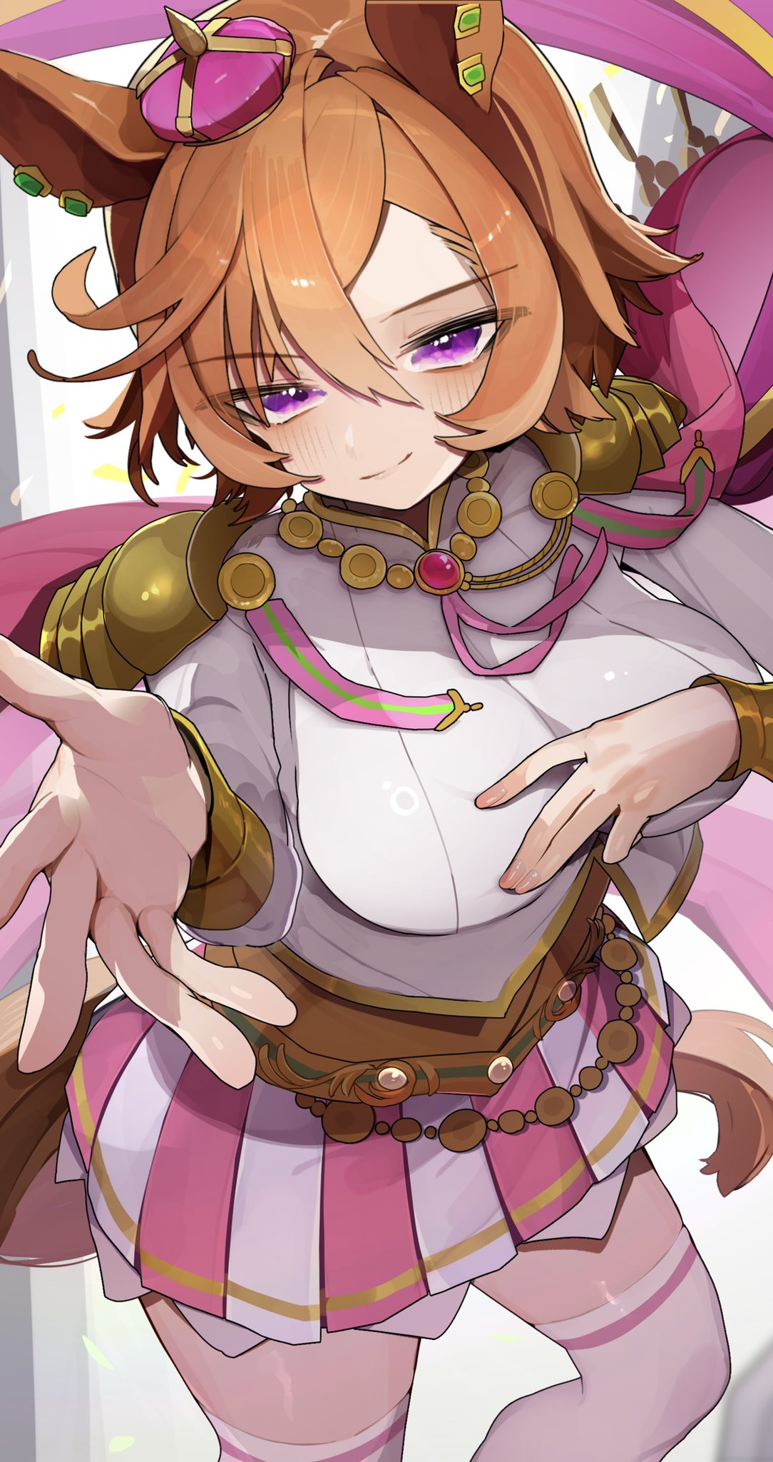 tamukoro, t.m. opera o (umamusume), umamusume, commentary request, highres, 1girl, animal ears, blush, breasts, brown hair, closed mouth, crown, ear ornament, hair between eyes, horse ears, horse girl, horse tail, large breasts, long sleeves, looking at viewer, mini crown, orange hair, pink crown, purple eyes, shirt, short hair, skirt, solo, tail, white shirt