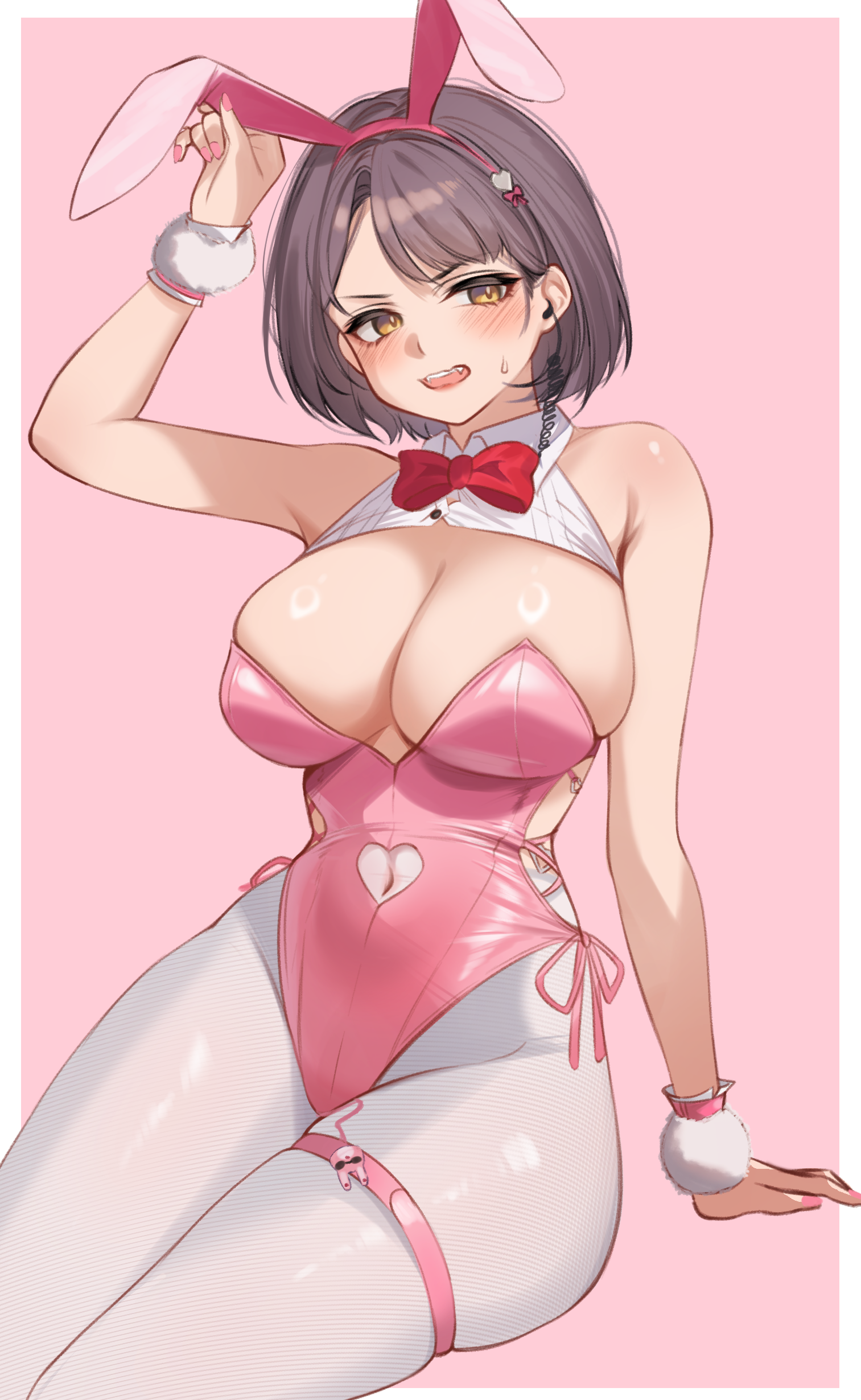 charon (duddnd2361), milk (blooming bunny) (nikke), milk (nikke), goddess of victory: nikke, absurdres, highres, 1girl, animal ears, black hair, blush, bow, bowtie, breasts, cleavage, clothing cutout, covered navel, earpiece, fake animal ears, implied vibrator, large breasts, leotard, looking at viewer, navel cutout, official alternate costume, open mouth, pantyhose, pink leotard, playboy bunny, rabbit ears, shiny skin, short hair, side-tie leotard, solo, undersized breast cup, vibrator cord, white pantyhose, yellow eyes