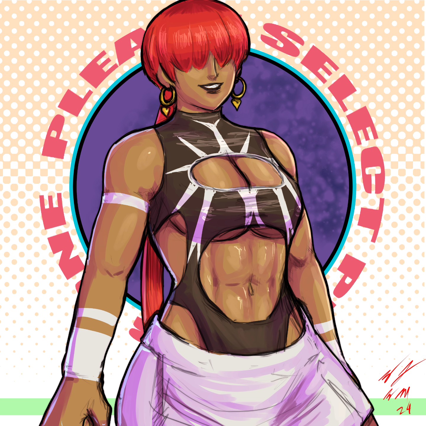 orochi, orochi (kof), orochi shermie, shermie (kof), the king of fighters, 1girl, bodypaint, bodysuit, breasts, cleavage cutout, clothing cutout, curvy, dark-skinned female, dark skin, earrings, female focus, heart, huge breasts, jewelry, large breasts, long hair, ponytail, red hair, smile, smiley face, standing, tan, taurence bell, thick thighs, thighs, tight clothes, toned, toned female, underboob, wide hips