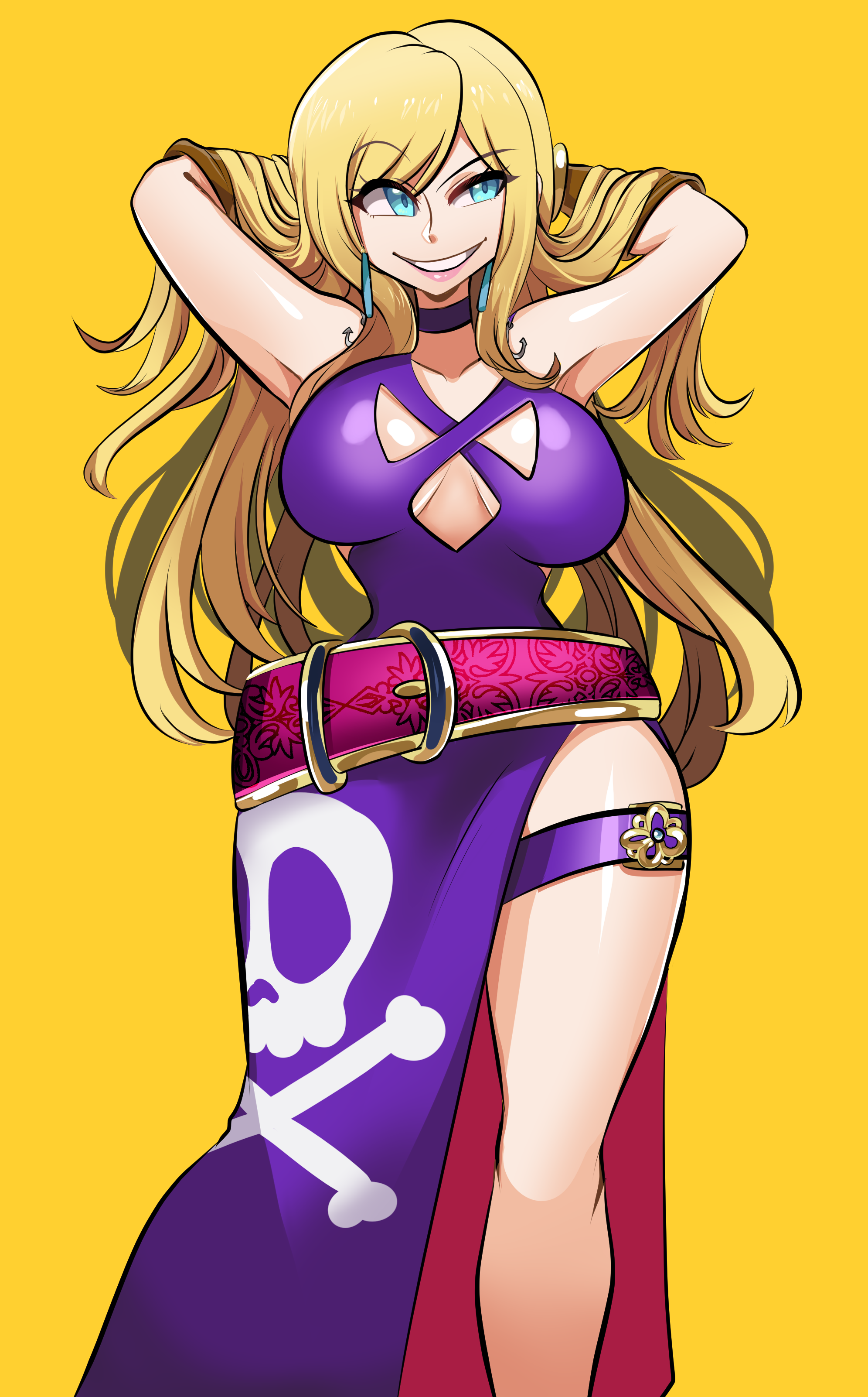 missandydandy, b. jenet, b.jenet, the king of fighters, 1girl, breasts, cleavage, cleavage cutout, clothing cutout, curvy, dress, earrings, green eyes, huge breasts, jewelry, large breasts, long hair, no bra, pale skin, skirt, smile, smiley face, standing, thick thighs, thighs, wide hips