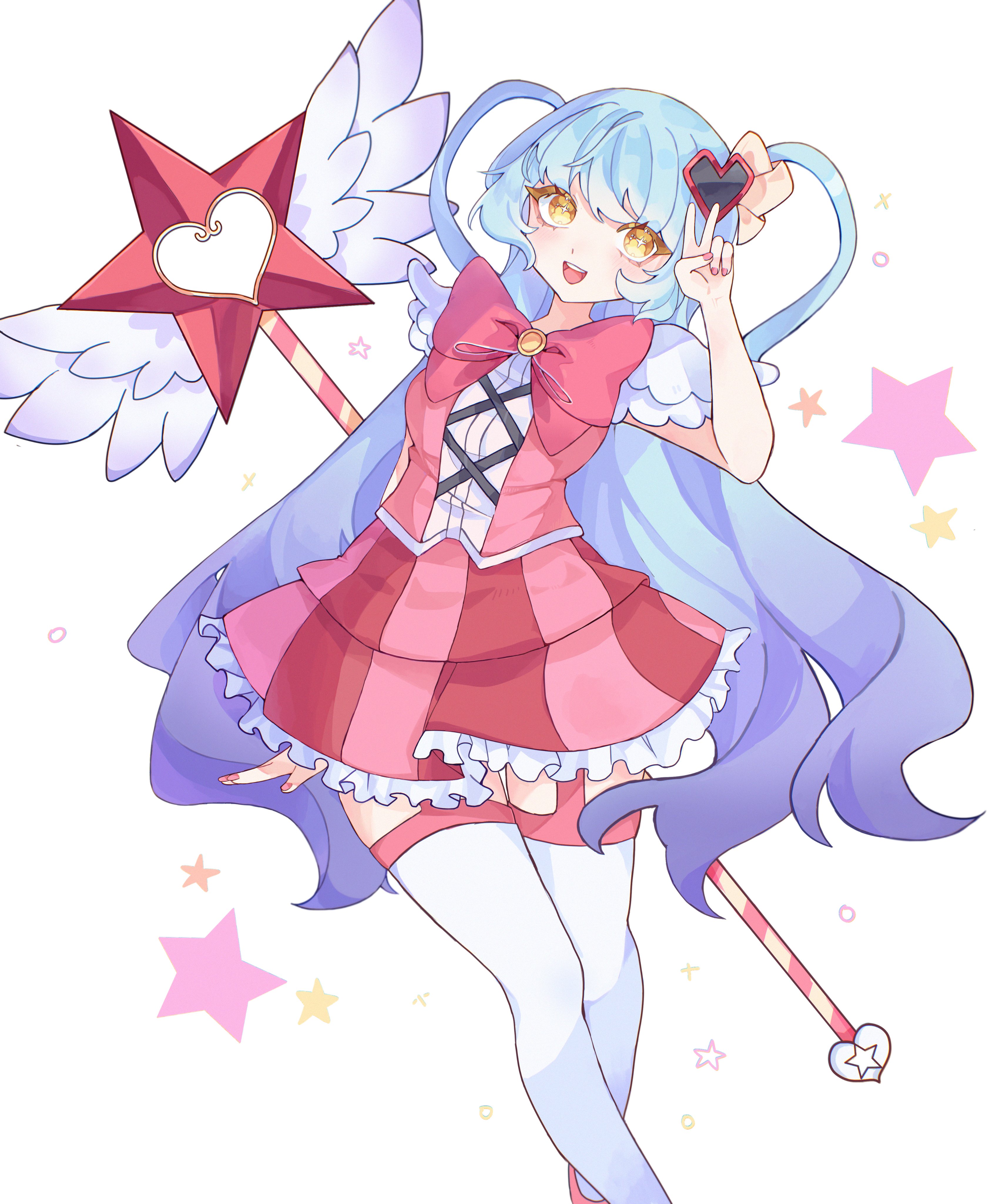 kyuncat, queen of hatred, lobotomy corporation, project moon, absurdres, highres, 1girl, blue hair, bow, bowtie, gradient hair, hair ornament, heart, heart hair ornament, long hair, looking at viewer, magical girl, multicolored hair, open mouth, pink bow, pink bowtie, pink garter straps, pink skirt, pink vest, purple hair, simple background, skirt, solo, standing, star wand, two side up, upper body, v, very long hair, vest, white background, winged wand, yellow eyes