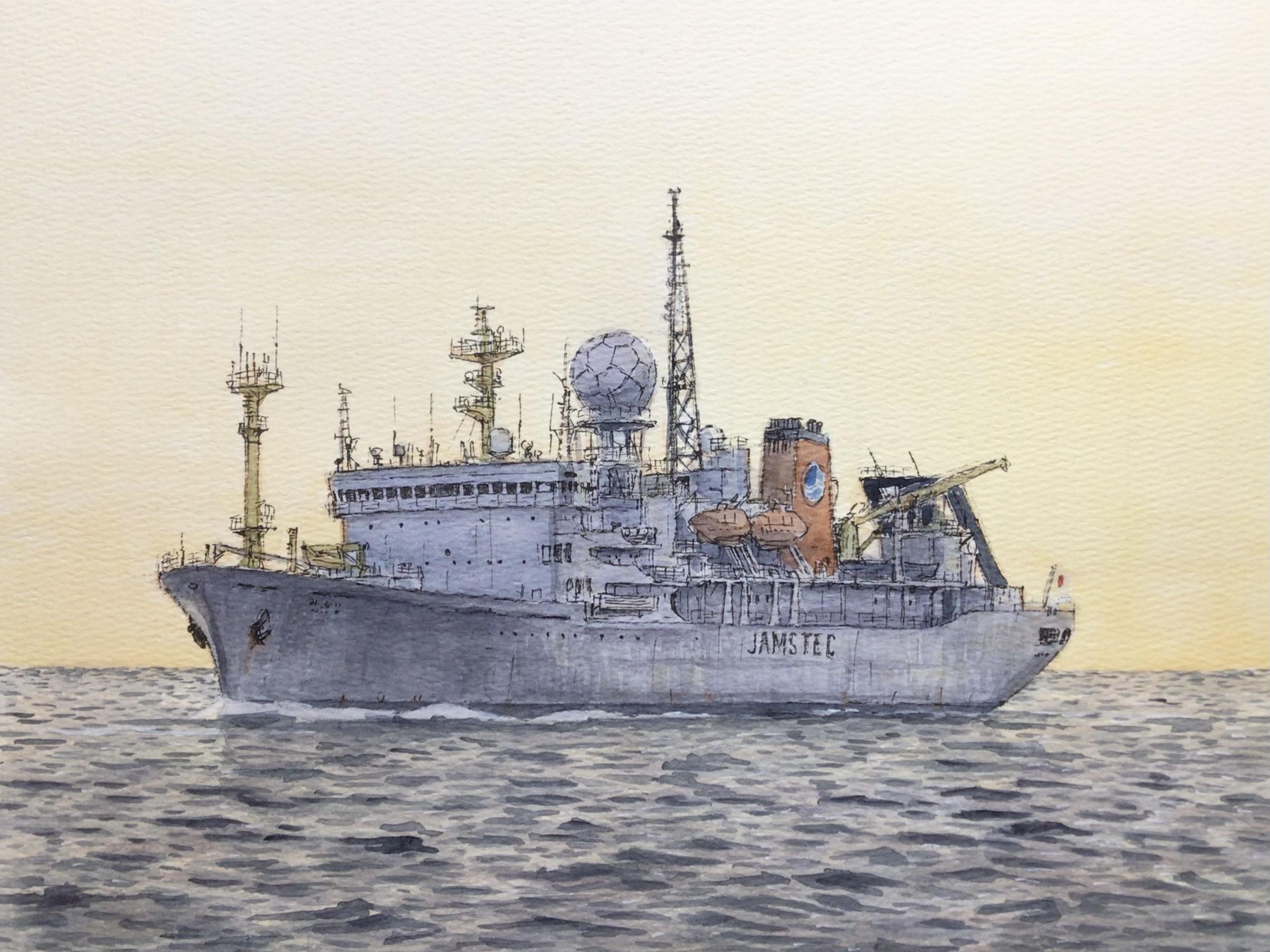 atelier bono, original, commentary request, highres, painting (medium), traditional media, watercolor (medium), no humans, ocean, outdoors, rv mirai (research vessel), sailing, scenery, ship, sky, smokestack, sunrise, vehicle focus, watercraft, yellow sky