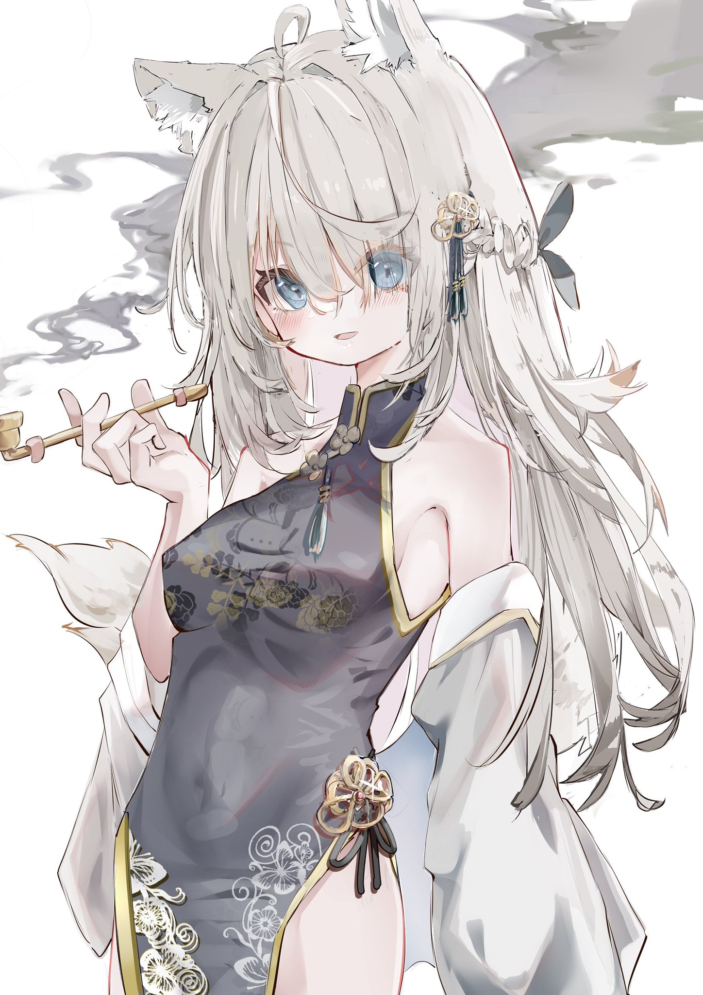 komi eshi, original, highres, 1girl, animal ears, bare shoulders, black dress, blue eyes, blush, braid, breasts, china dress, chinese clothes, covered navel, detached sleeves, dress, fox ears, fox girl, fox tail, grey hair, hair between eyes, hair ornament, holding, holding smoking pipe, kiseru, long hair, looking at viewer, medium breasts, simple background, sleeveless, sleeveless dress, smile, smoke, smoking pipe, solo, tail, white background, white hair