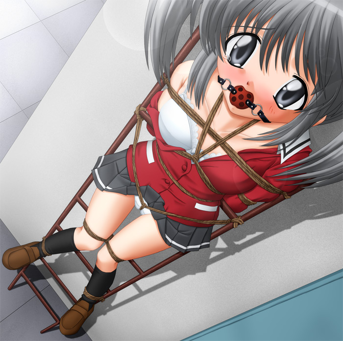 kannazuki okuto, 1girl, arms behind back, ball gag, bdsm, blush, bondage, bound, bound ankles, bound legs, box tie, bra, breast bondage, breasts, crotch rope, female focus, gag, gagged, kneehighs, ladder, panties, school uniform, serafuku, shoes, short hair, skirt, socks, solo, standing, underwear