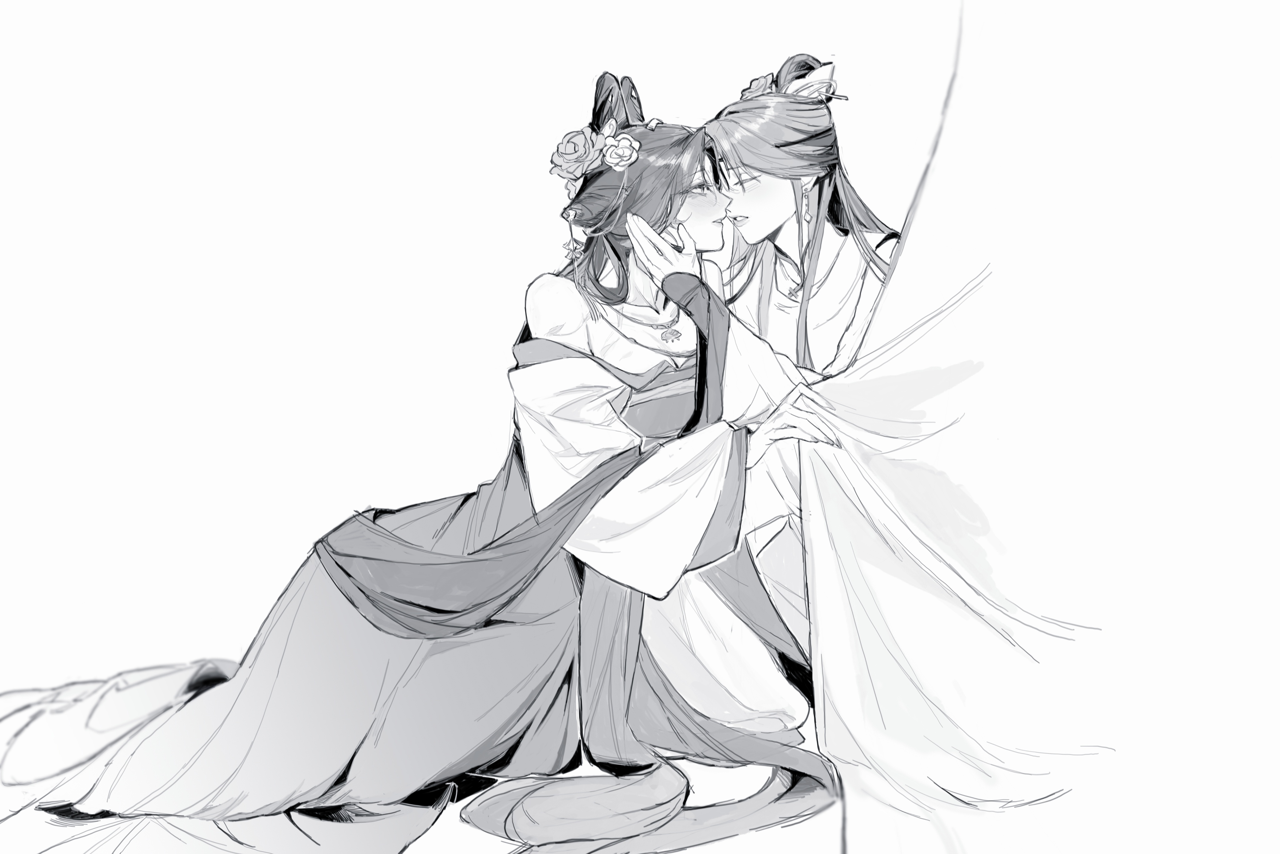 path to nowhere, absurdres, highres, 2girls, china dress, chinese clothes, dress, greyscale, monochrome, multiple girls, shashajitui bot, white background, yuri