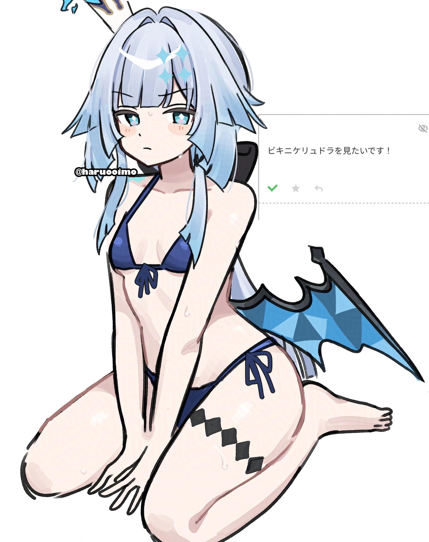 haruo (haruooimo), cerydra (honkai: star rail), honkai: star rail, honkai (series), commentary request, highres, translation request, 1girl, barefoot, bikini, blue bikini, blue eyes, blue hair, breasts, closed mouth, crown, feet, full body, hair intakes, long hair, side-tie bikini bottom, simple background, sitting, small breasts, solo, stomach, swimsuit, toes, very long hair, wariza, white background, wings