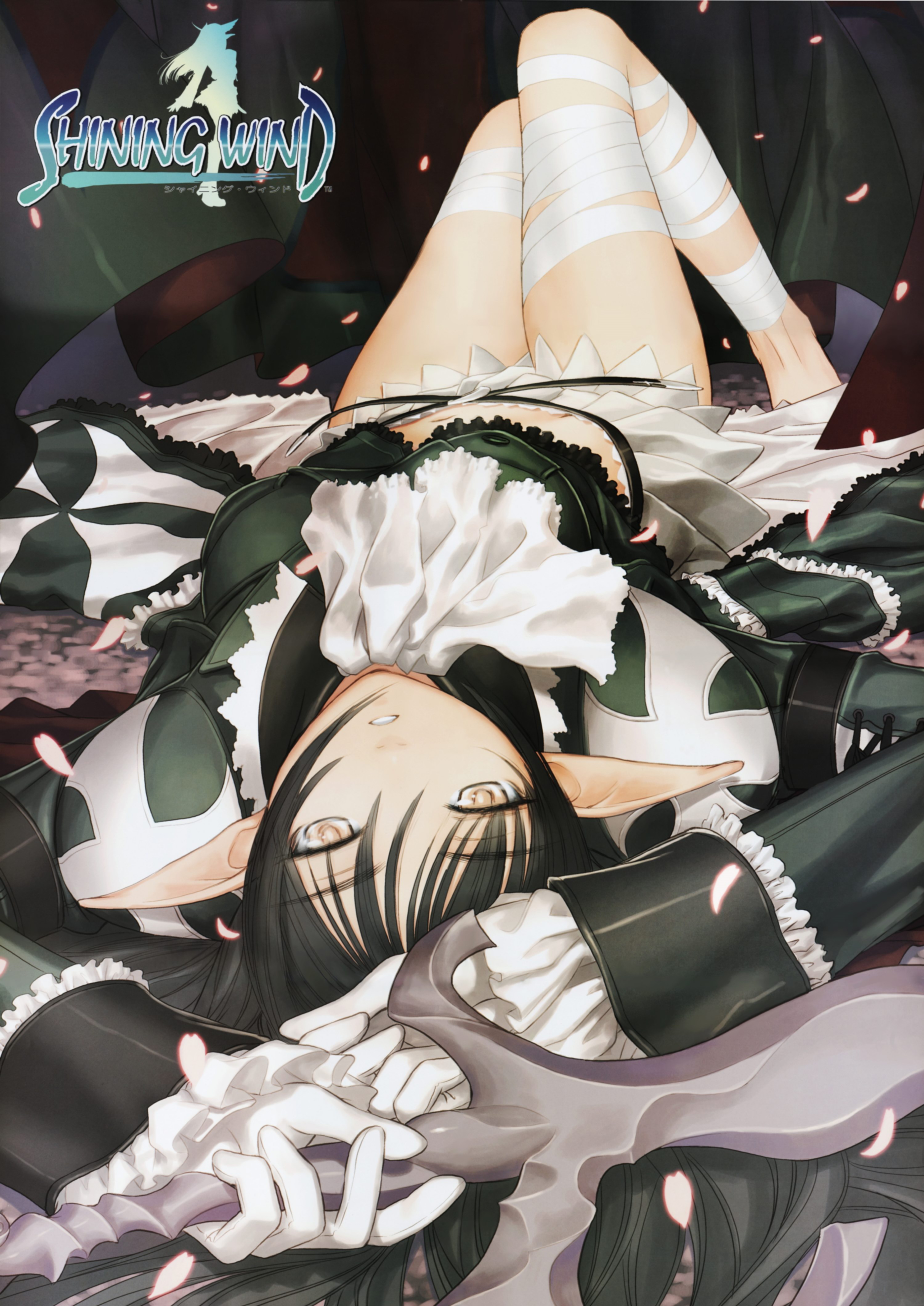 tony taka, xecty ein, sega, shining (series), shining wind, absurdres, highres, 1girl, ascot, bandages, black hair, elf, female focus, gloves, legs, long hair, lying, midriff, on back, petals, pointy ears, skirt, solo, sword, upside-down, weapon, yellow eyes