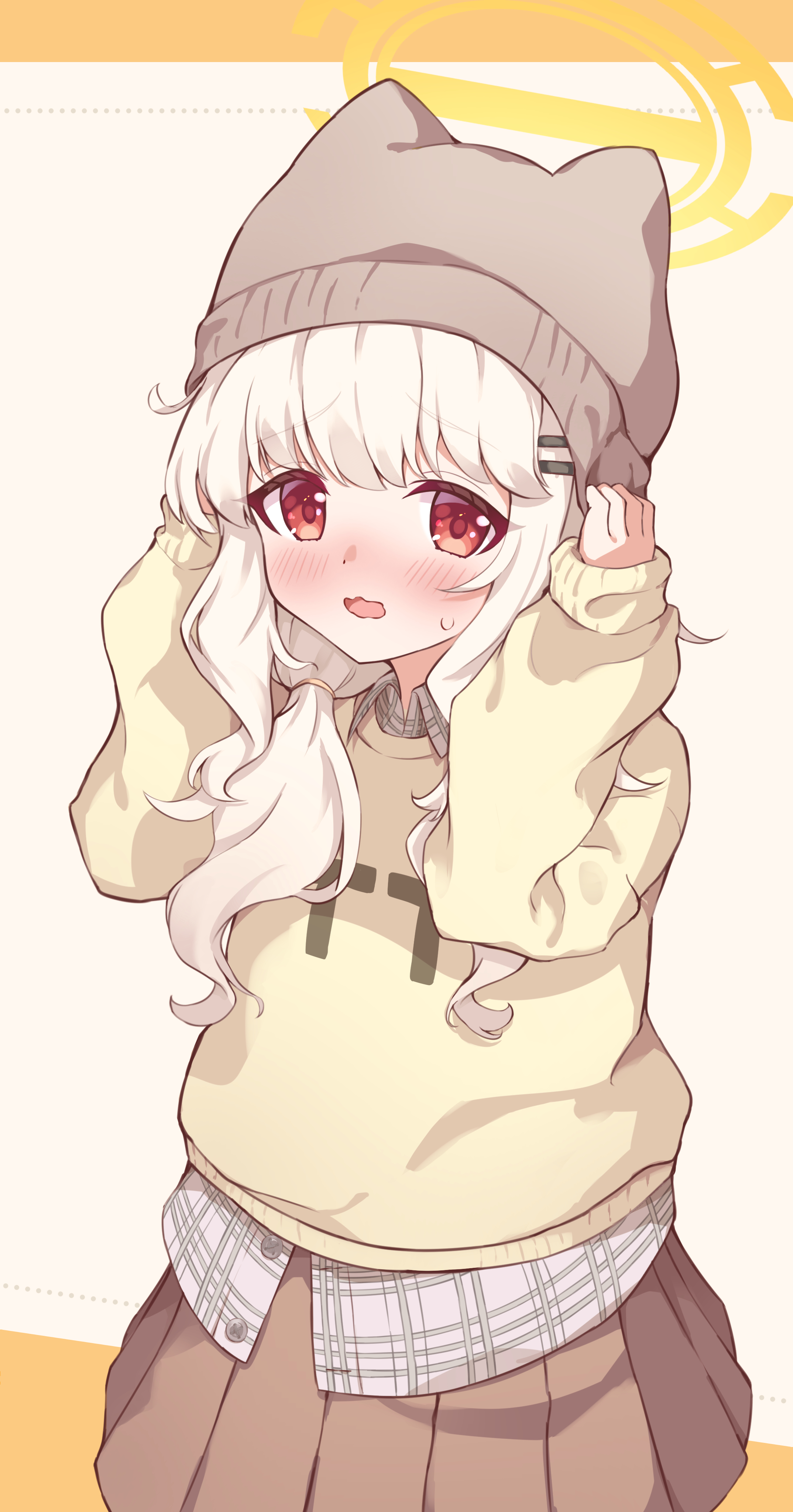 lusye, aoba (blue archive), blue archive, fluffy hair, absurdres, highres, 1girl, beanie, blonde hair, blush, bright pupils, brown hat, brown skirt, casual, collared shirt, fluffy, hair between eyes, hair ornament, hairclip, halo, hat, holding, layered clothes, long sleeves, looking at viewer, low twintails, medium hair, official alternate costume, orange eyes, orange halo, plaid clothes, pleated skirt, shirt, sidelocks, simple background, skirt, solo, sweater, twintails, yellow background, yellow sweater