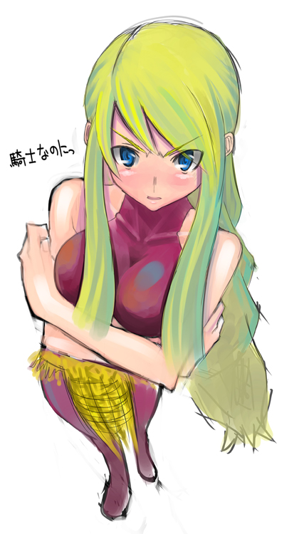 tobimaru, agrias oaks, dancer (fft), final fantasy, final fantasy tactics, 1girl, blonde hair, blue eyes, blush, breasts, class change, cosplay, dancer, female focus, full body, long hair, simple background, solo