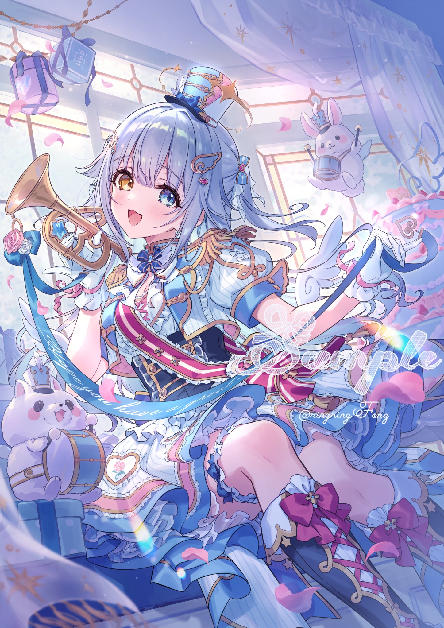 original, highres, 1girl, blue eyes, blush, bow, cake, dress, drum, epaulettes, food, gift, gloves, hair ornament, happy birthday, hat, heterochromia, holding, holding instrument, instrument, jacket, long hair, looking at viewer, open mouth, ribbon, ringringfonz, shako cap, short sleeves, smile, solo, trumpet, virtual youtuber, white gloves, window, yellow eyes