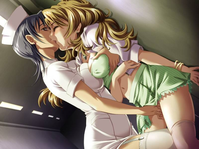 uniform, 2girls, against wall, breasts, earrings, jewelry, kiss, long hair, midriff, multiple girls, nurse, saliva, short hair, skirt, thighhighs, yuri