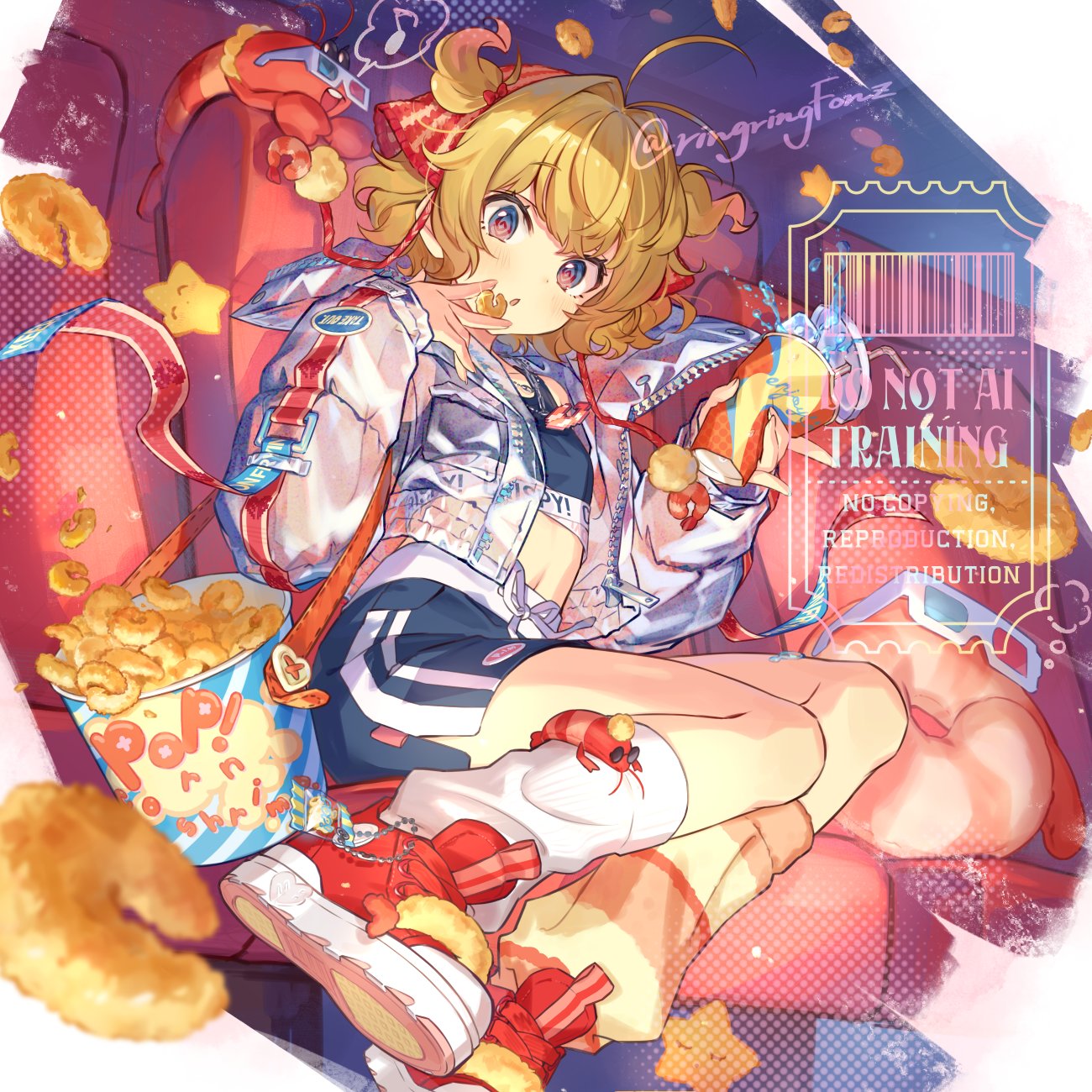 original, highres, 1girl, barcode, blonde hair, couch, food, holding, holding food, jacket, leg warmers, looking at viewer, loose socks, popcorn, ringringfonz, shoes, shorts, sneakers, socks, solo, sports bra, two side up, watermark