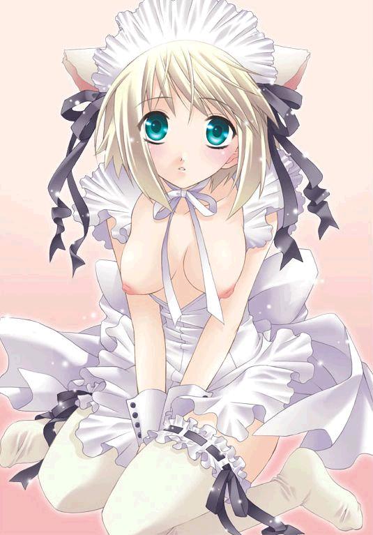 yuuki mitsuru, animal ears, blush, breasts, cat ears, maid, open clothes, open shirt, shirt, short hair, skirt, thighhighs