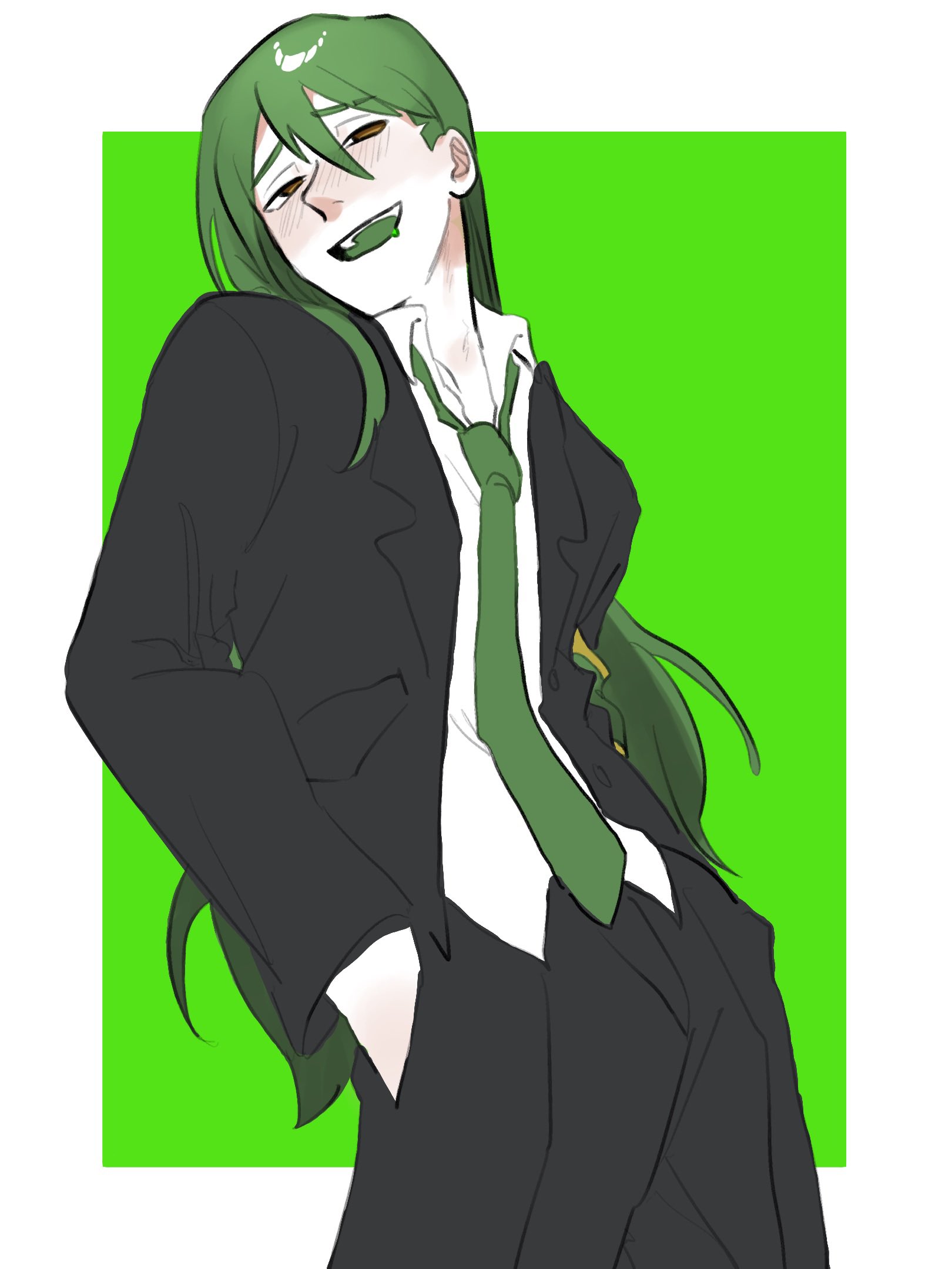 11230kingyo, netzach (project moon), lobotomy corporation, project moon, highres, 1boy, armband, black jacket, black pants, border, brown eyes, collared shirt, drunk, eyebrow cut, green armband, green background, green hair, green necktie, jacket, long hair, long sleeves, looking at viewer, male focus, necktie, pants, shirt, simple background, solo, standing, upper body, white border, white shirt
