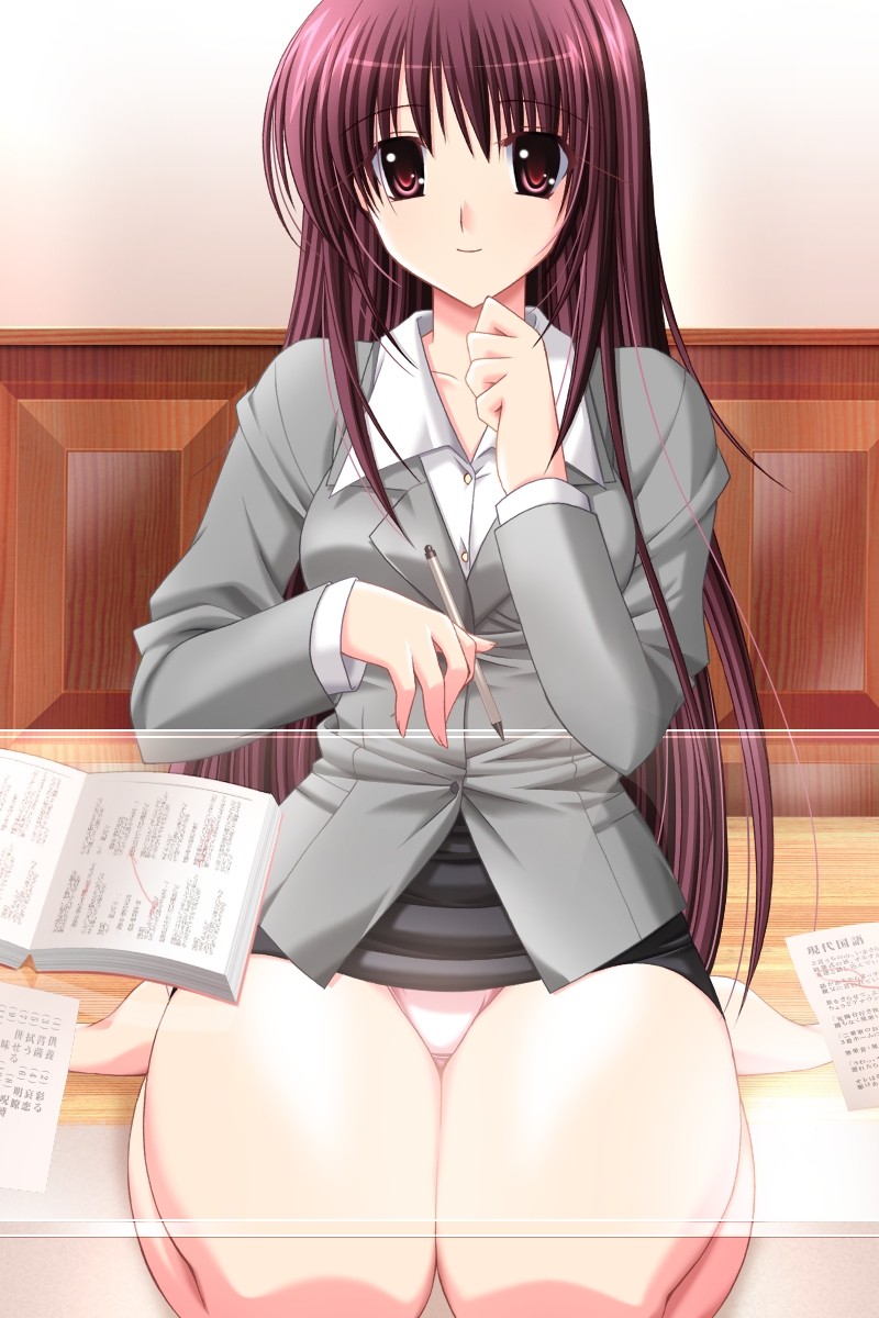 choco chip, onodera rio, atelier kaguya, katei kyoushi no oneesan, kateikyoushi no onee-san, game cg, highres, 00s, 10s, 1girl, business suit, female focus, formal clothes, glass table, jacket, legs, long hair, miniskirt, panties, pantyshot, pen, pencil skirt, pink panties, red eyes, red hair, sitting, skirt, skirt suit, smile, solo, suit, table, thigh gap, thighs, underwear, upskirt