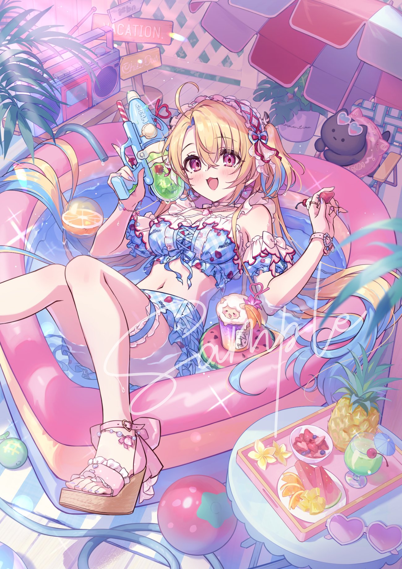 minase shia, avatar 2.0 project, indie virtual youtuber, highres, 1girl, ahoge, bikini, blonde hair, blue bikini, blue hair, breasts, food, frills, fruit, holding, holding water gun, kiwi (fruit), long hair, looking at viewer, multicolored hair, navel, open mouth, orange (fruit), pineapple, ringringfonz, sample watermark, sandals, smile, solo, strawberry, swimsuit, wading pool, water gun, watermark, watermelon
