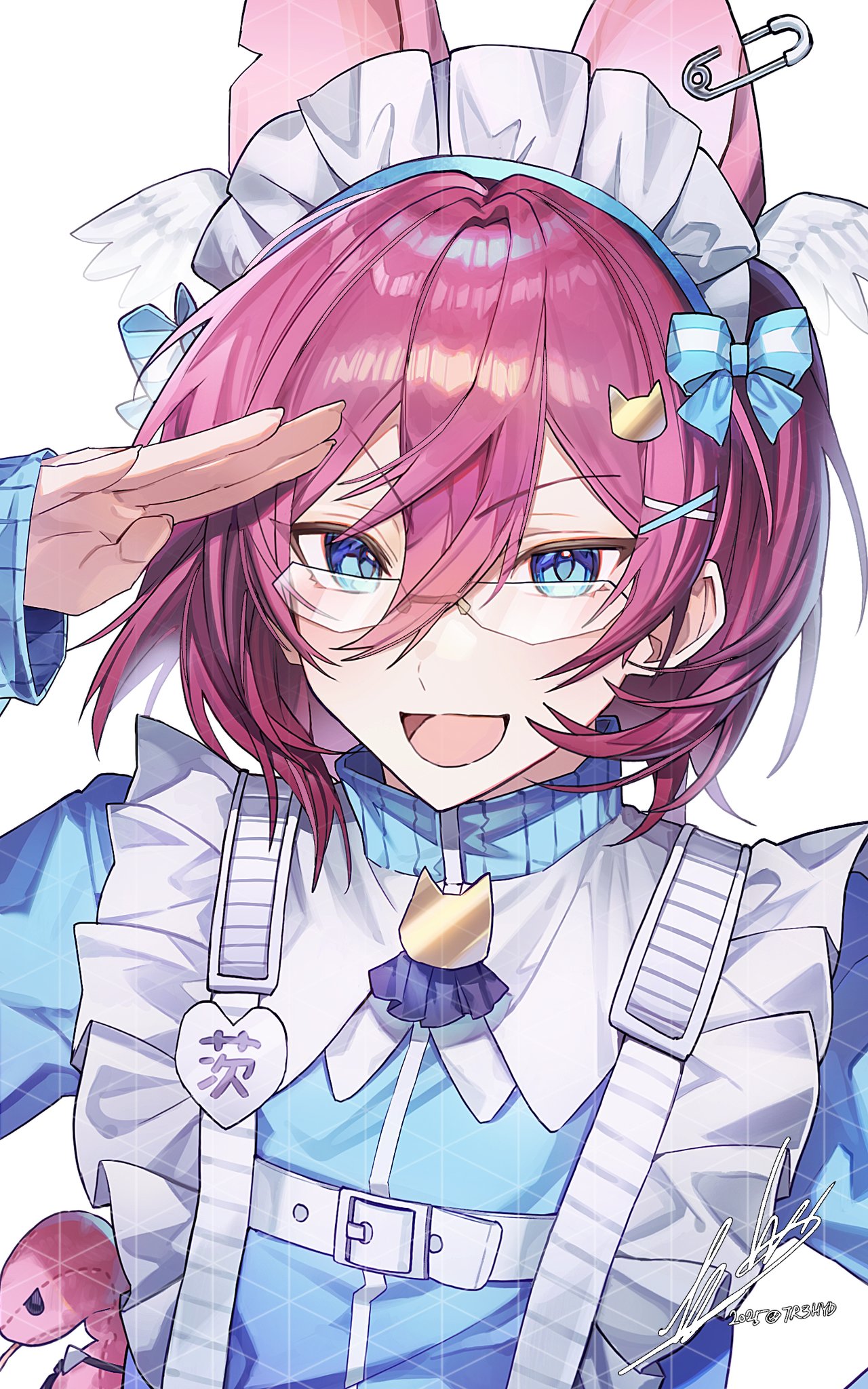 saegusa ibara, ensemble stars!, highres, 1boy, 2×4 2in4, animal ear piercing, animal ears, apron, blue bow, blue eyes, blue jacket, bow, cat ears, cat hair ornament, chest harness, frilled apron, frills, glasses, hair between eyes, hair ornament, harness, head wings, high collar, jacket, jersey maid, long sleeves, looking at viewer, maid, male focus, medium hair, open mouth, pink hair, safety pin, salute, sleeves past wrists, smile, solo, tenshi kaiwai, unconventional maid, upper body, wings, x hair ornament