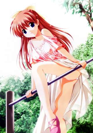 lowres, bow, dress, exercising, long hair, panties, underwear