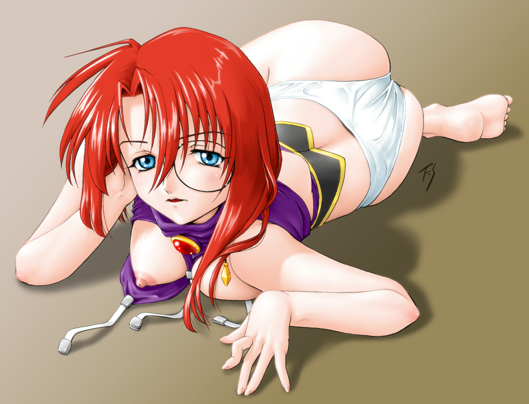 fuji shinobu, forte stollen, broccoli (company), galaxy angel, non-web source, 00s, 1girl, barefoot, blue eyes, blush, breasts, feet, female focus, glasses, long hair, looking at viewer, midriff, monocle, nipples, no bra, on floor, open clothes, panties, red hair, simple background, solo, underwear