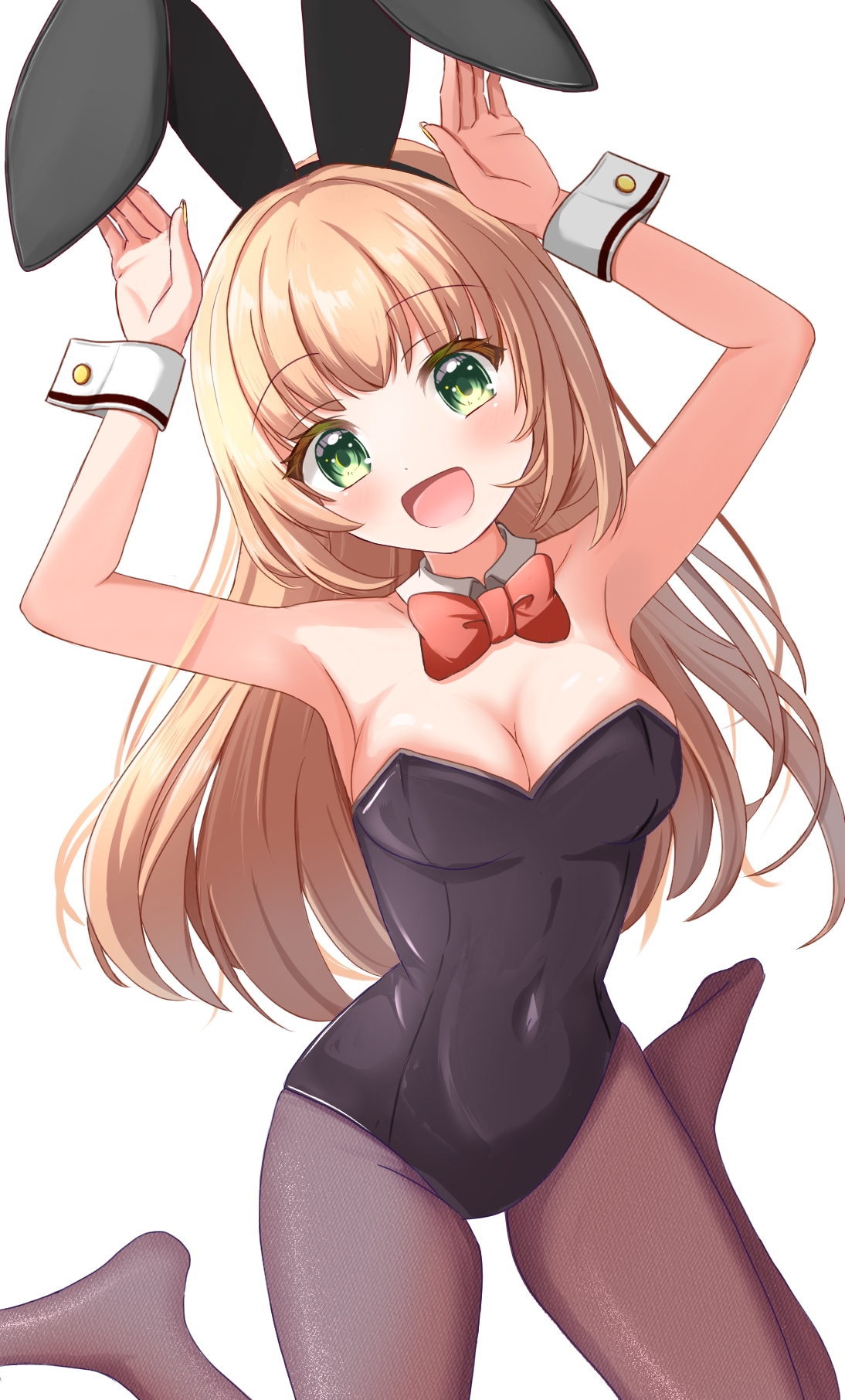 mike81277424, original, highres, 1girl, armpits, arms up, black leotard, black pantyhose, blonde hair, blush, bow, bowtie, breasts, cleavage, covered navel, green eyes, leotard, long hair, looking at viewer, medium breasts, open mouth, pantyhose, playboy bunny, rabbit pose, red bow, red bowtie, sitting, smile, solo, traditional bowtie, wariza, wrist cuffs