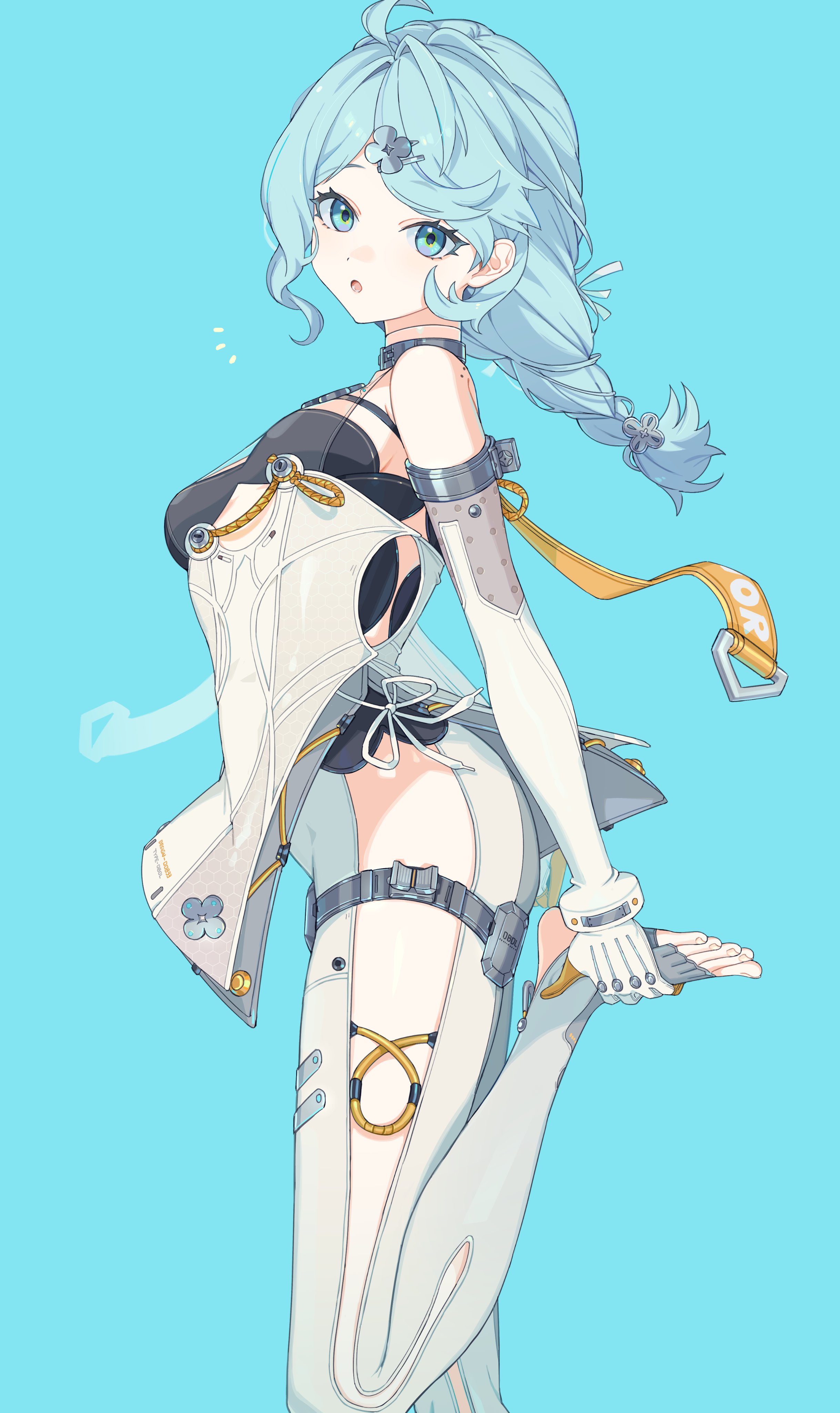 awe (adorableduckyy), seed (zenless zone zero), zenless zone zero, absurdres, commentary, highres, revision, symbol-only commentary, 1girl, :o, ahoge, aqua eyes, bare shoulders, blue background, blue hair, bodysuit, breasts, feet, flower hairpin, foot out of frame, from side, holding own leg, long hair, looking at viewer, looking to the side, notice lines, one eye closed, open mouth, simple background, small breasts, solo, standing, standing on one leg, toes, white bodysuit