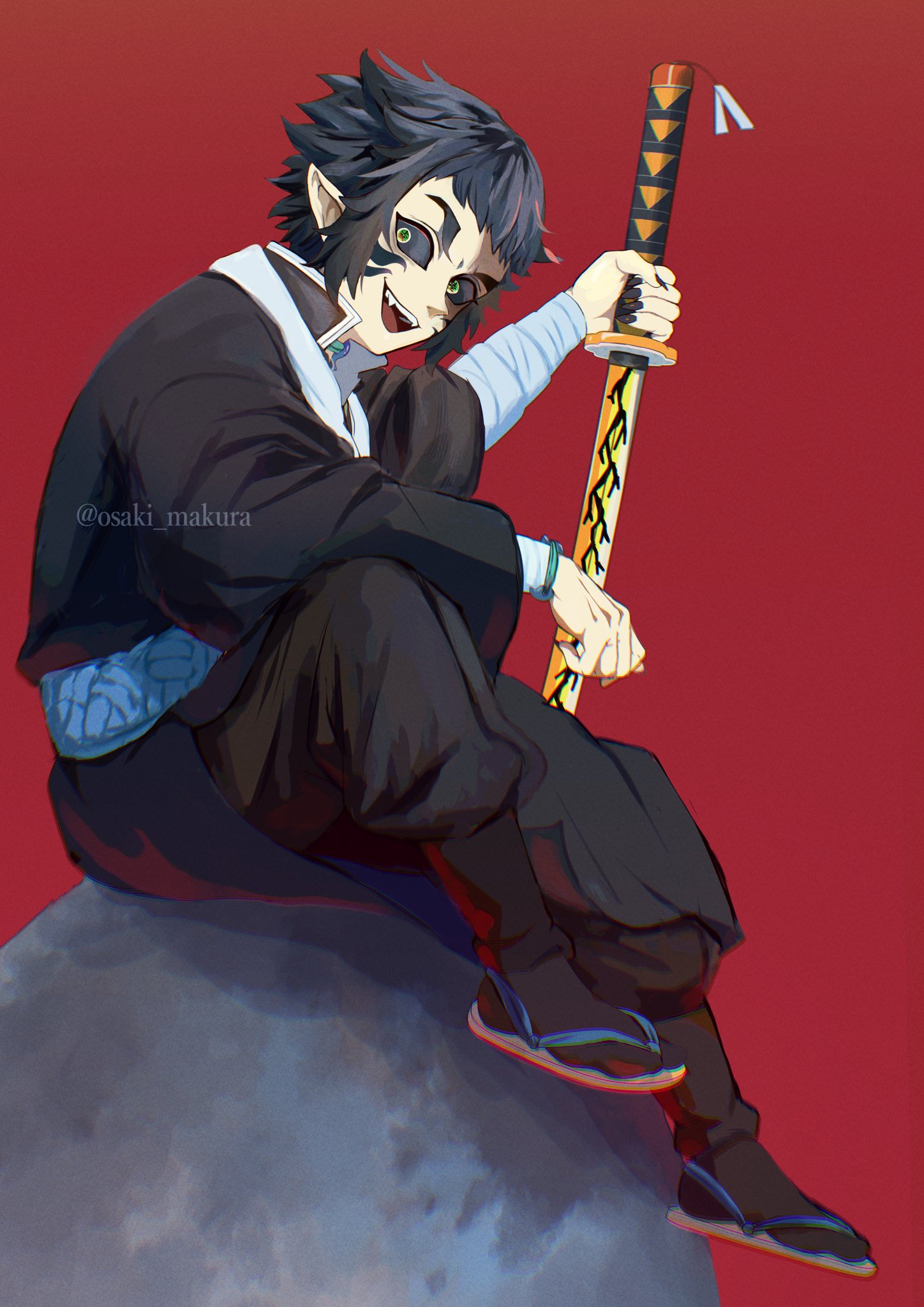 osaki makura, kaigaku, kimetsu no yaiba, highres, 1boy, black hair, black pants, black sclera, black socks, colored sclera, demon boy, facial tattoo, full body, hand up, holding, japanese clothes, long sleeves, looking at viewer, male focus, on rock, pants, pointy ears, red background, sandals, sharp teeth, short hair, simple background, sitting, smile, socks, solo, sword, tattoo, teeth, text in eyes, weapon