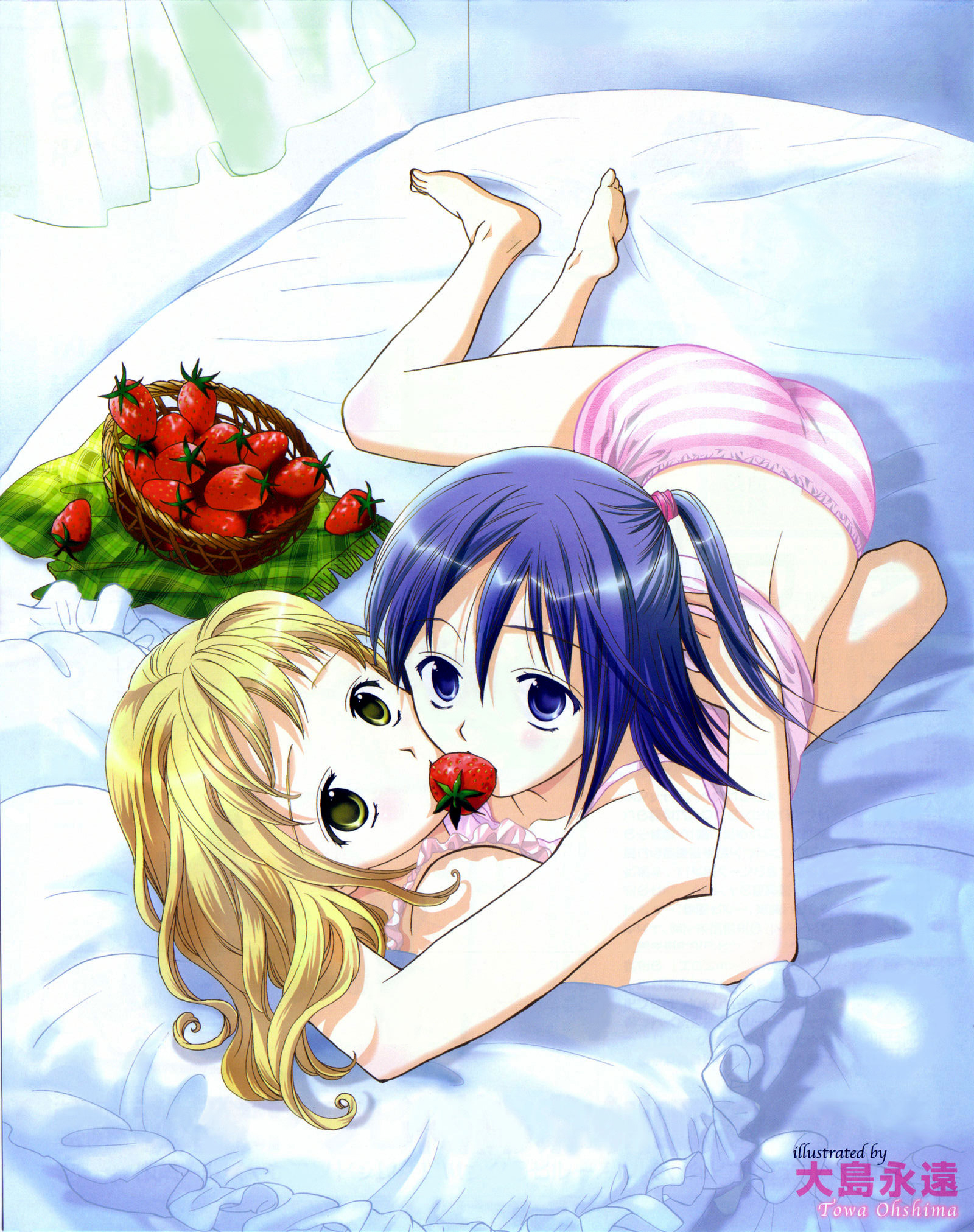 highres, blush, clothes lift, food, long hair, midriff, panties, shirt lift, underwear, yuri