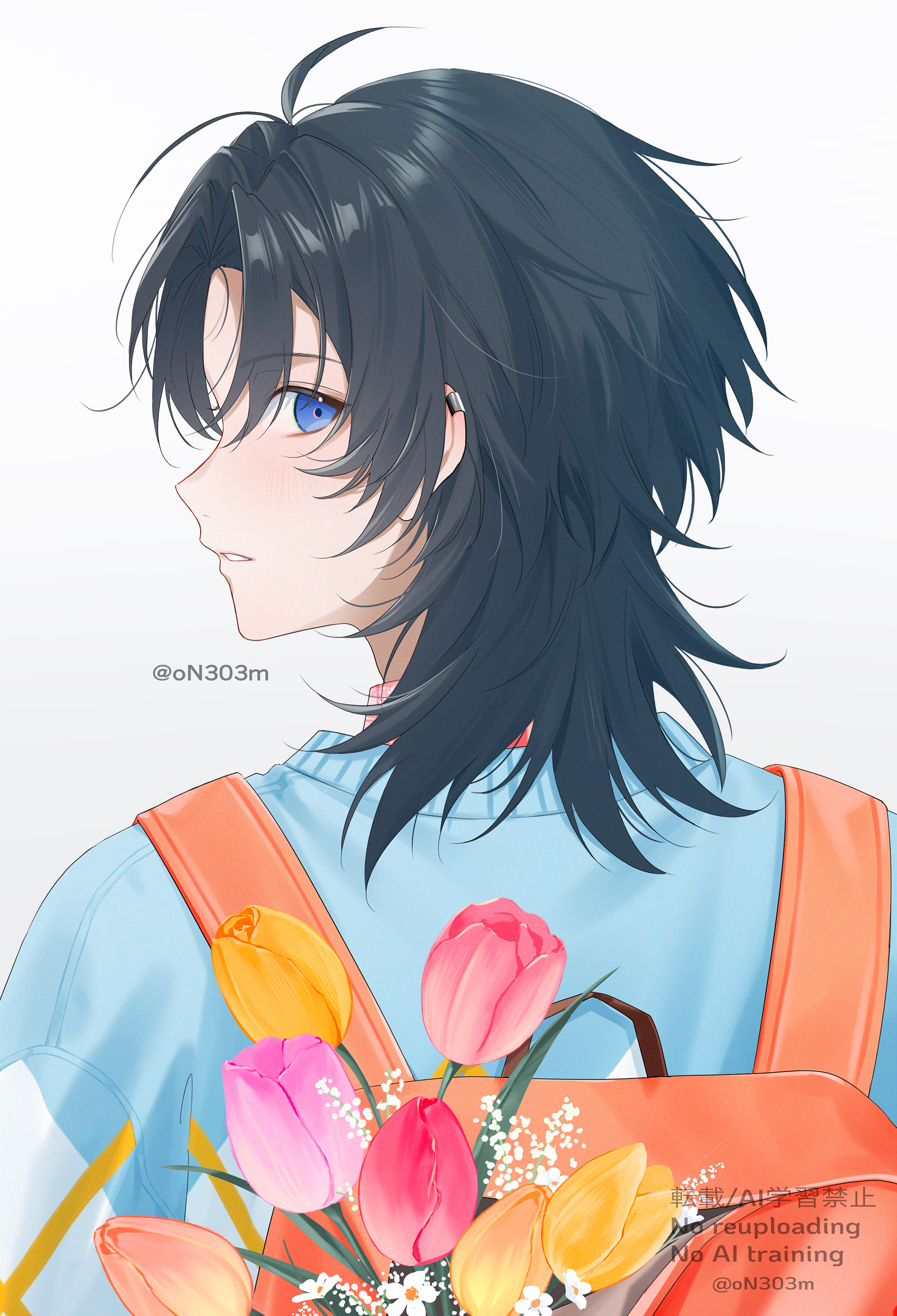 hama m, original, absurdres, highres, 1boy, backpack, bag, black hair, blue eyes, blue sweater, blush, ear piercing, flower, from behind, looking at viewer, looking back, male focus, medium hair, parted bangs, parted lips, piercing, pink flower, profile, simple background, solo, sweater, tulip, twitter username, upper body, white background, yellow flower
