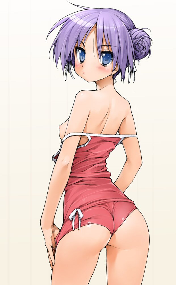 ishikei, hiiragi kagami, lucky star, ass, blush, breasts, short hair, shorts