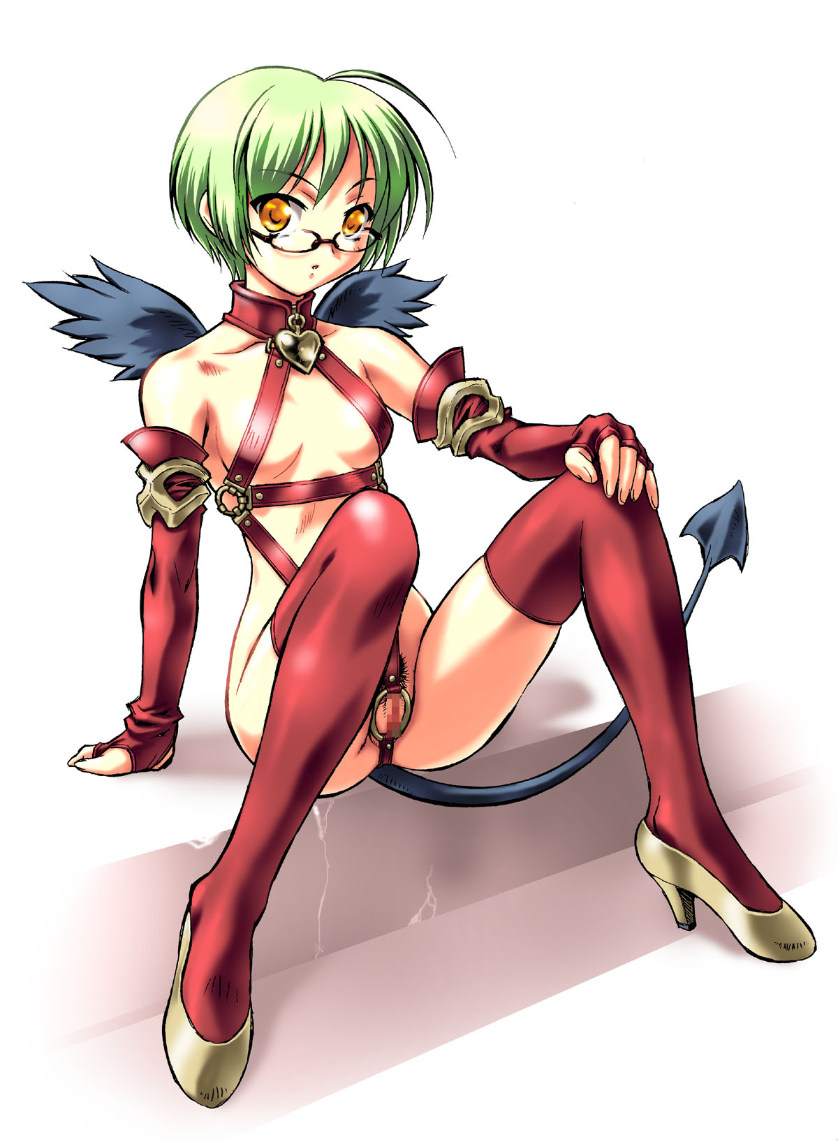 highres, 1girl, ass, bdsm, blush, bondage, bound, breasts, censored, female focus, full body, glasses, pussy, shoes, short hair, sitting, solo, spread legs, tail, thighhighs, white background, wings