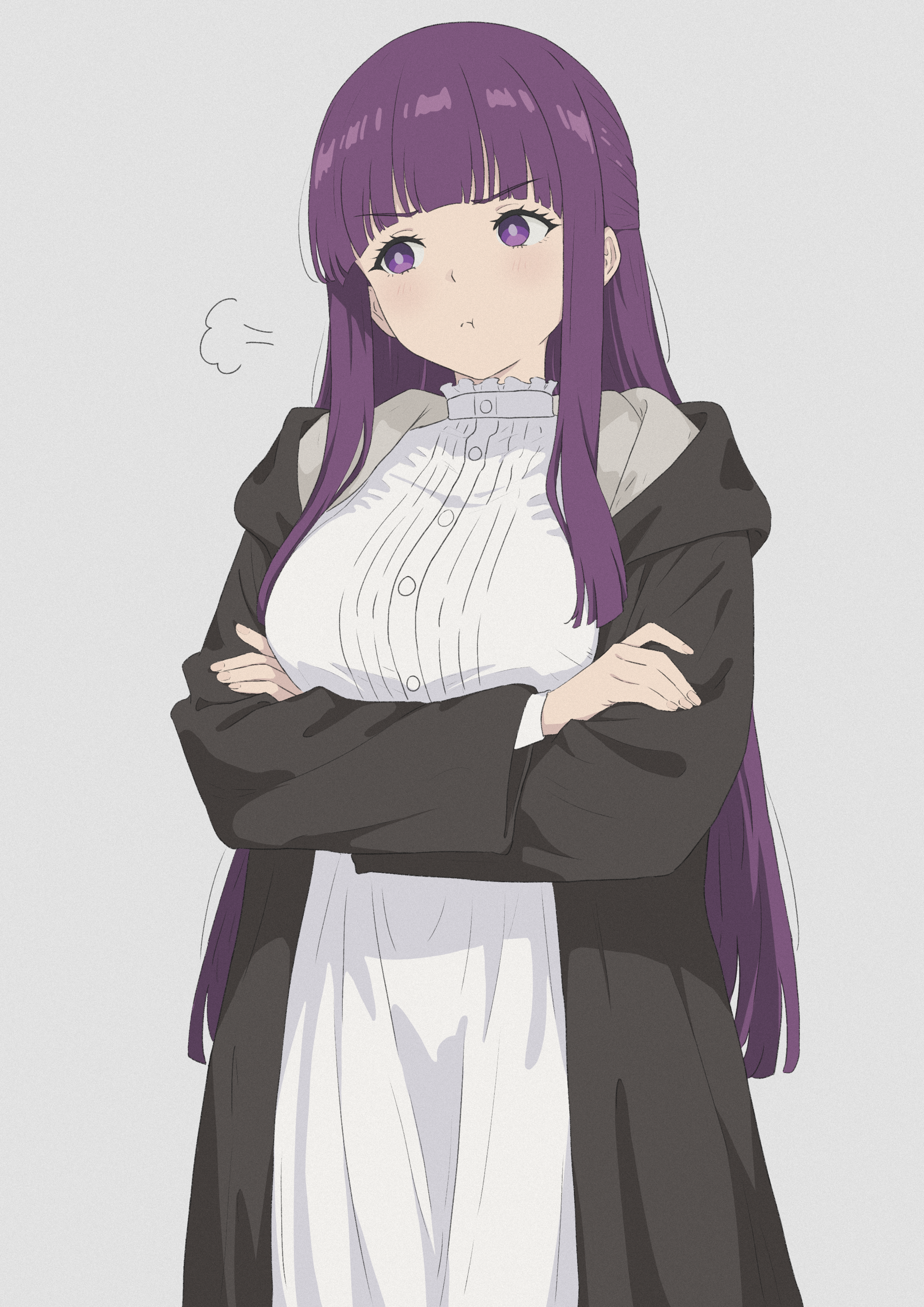 scalari126, fern (sousou no frieren), sousou no frieren, absurdres, highres, 1girl, :t, black coat, black robe, blunt bangs, breasts, closed mouth, coat, collar, crossed arms, cut bangs, dress, frilled collar, frills, grey background, hood, large breasts, long hair, long sleeves, looking to the side, pout, puff of air, purple eyes, purple hair, robe, sidelocks, simple background, solo, straight hair, white dress