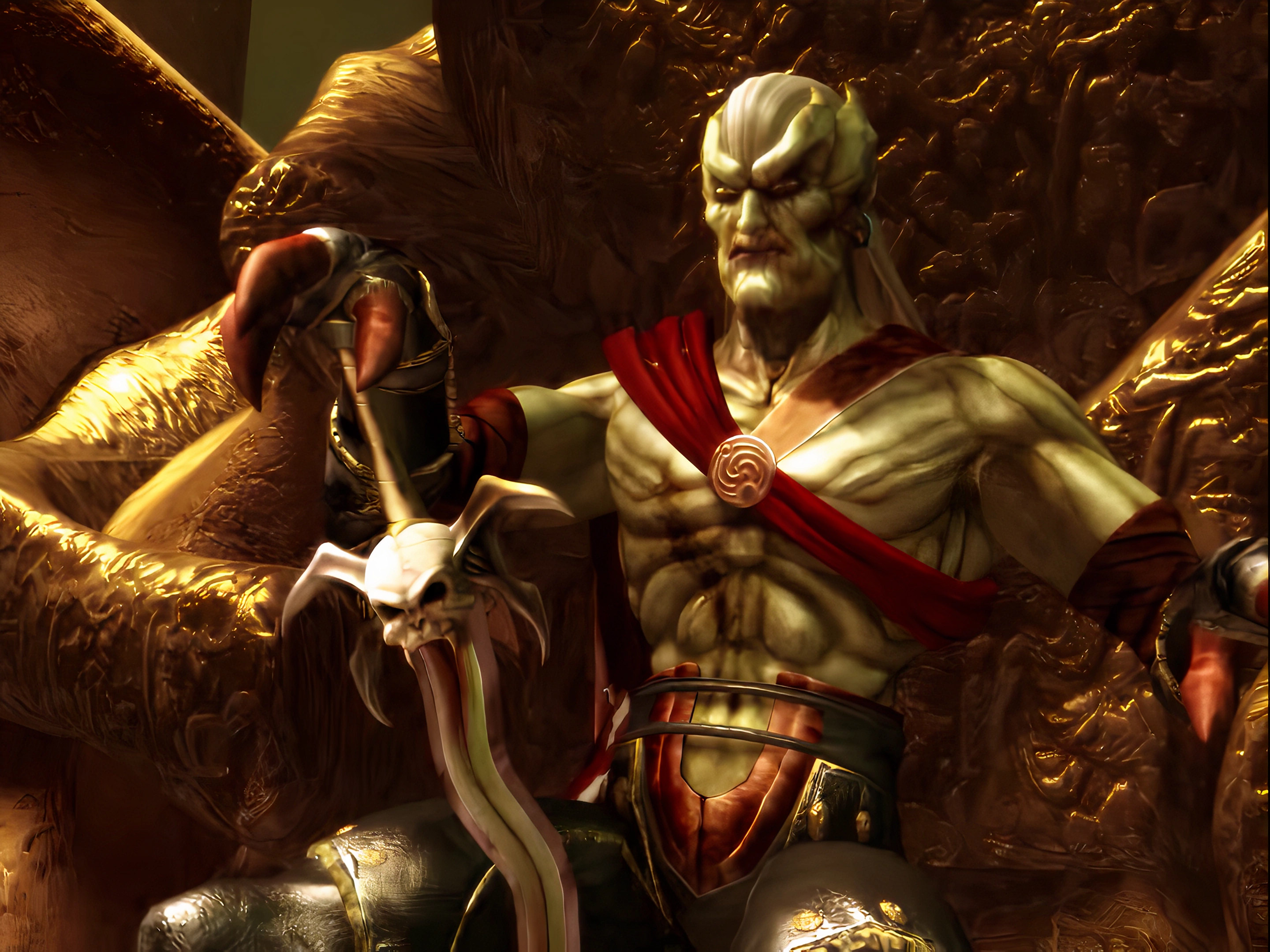 kain (legacy of kain), legacy of kain, game cg, highres, non-web source, official art, colored skin, frown, green skin, holding, holding sword, holding weapon, muscular, muscular male, no eyebrows, sitting on throne, sword, throne, vampire, weapon, white hair