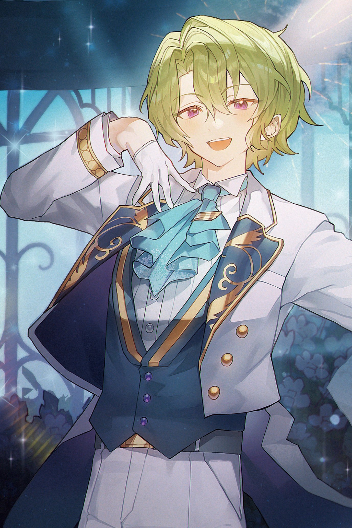 tomoe hiyori, ensemble stars!, highres, korean commentary, 1boy, 2×4 2in4, aqua ascot, arm up, ascot, cowboy shot, gloves, green hair, jacket, light rays, long sleeves, male focus, open clothes, open jacket, open mouth, pants, purple eyes, smile, solo, tailcoat, teeth, upper teeth only, vest, waistcoat, white gloves, white jacket, white pants