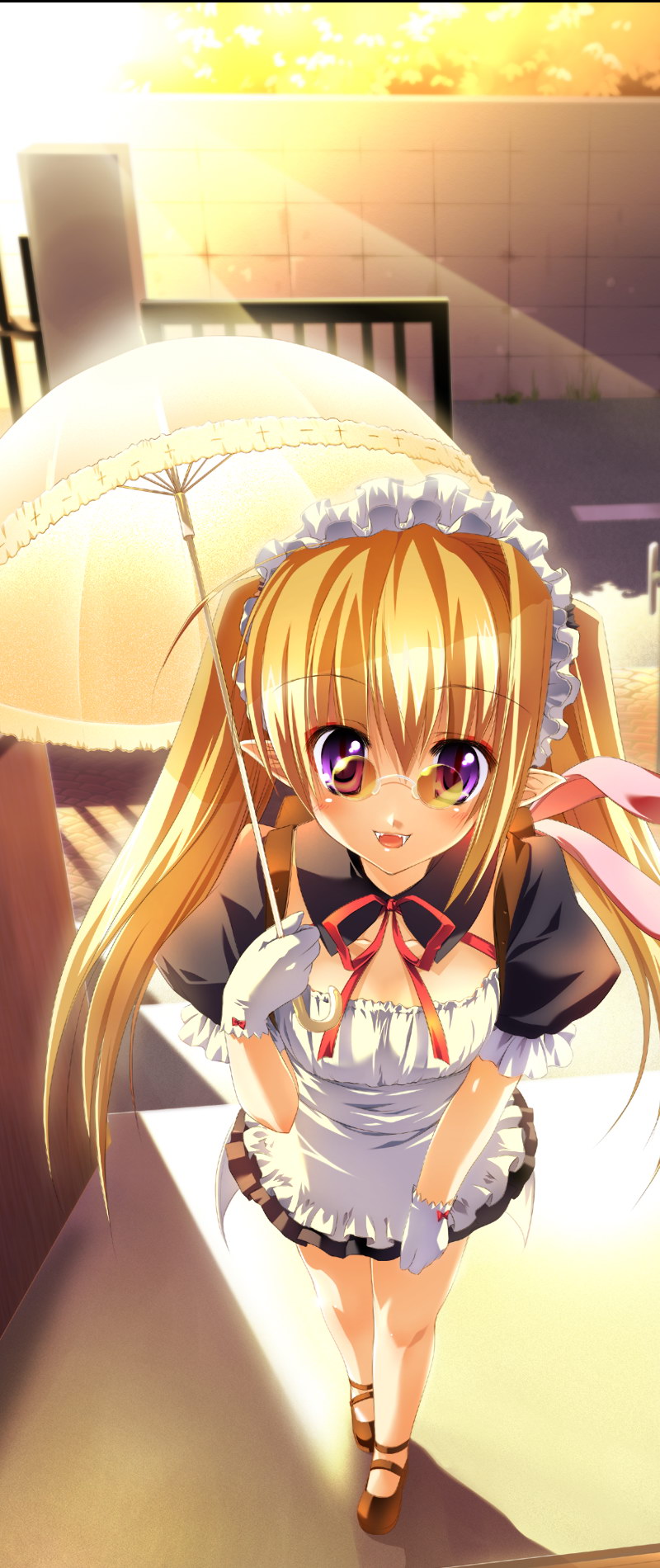 highres, 1girl, blush, elf, female focus, full body, long hair, outdoors, plant, pointy ears, skirt, solo, standing, umbrella, waitress