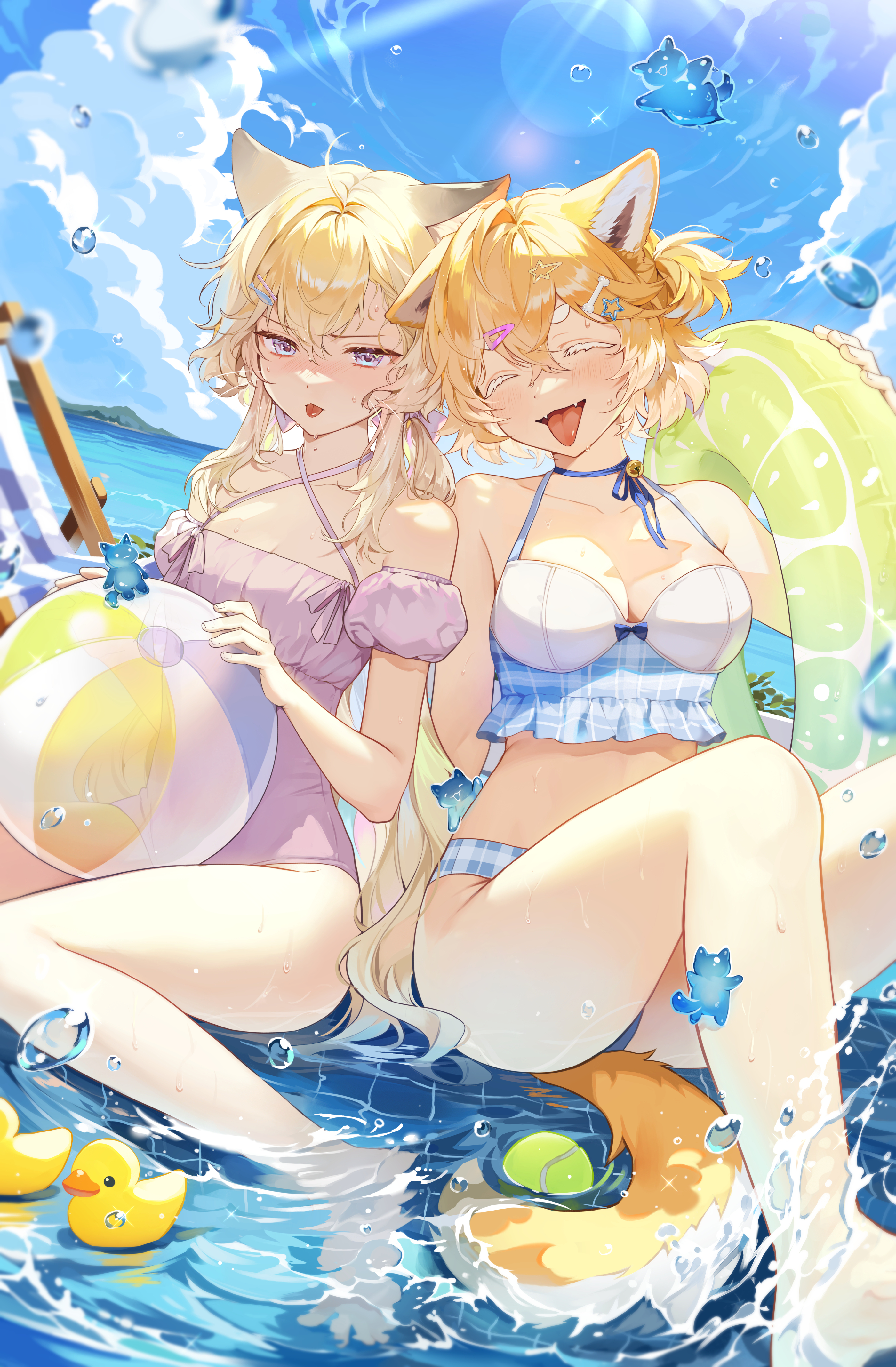 myrpo, original, absurdres, highres, 2girls, animal ears, ball, beachball, bikini, blonde hair, blue bikini, blush, breasts, cleavage, closed eyes, fangs, hair ornament, holding, holding ball, holding beachball, innertube, long hair, medium breasts, multiple girls, ocean, one-piece swimsuit, outdoors, short hair, sitting, summer, swim ring, swimsuit, tail, tongue, tongue out, virtual youtuber, water