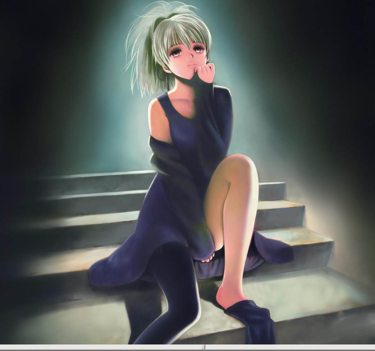 yin (darker than black), darker than black, silver hair, 00s, dress, hair ribbon, long hair, ponytail, purple eyes, ribbon, sitting, stairs, thighhighs