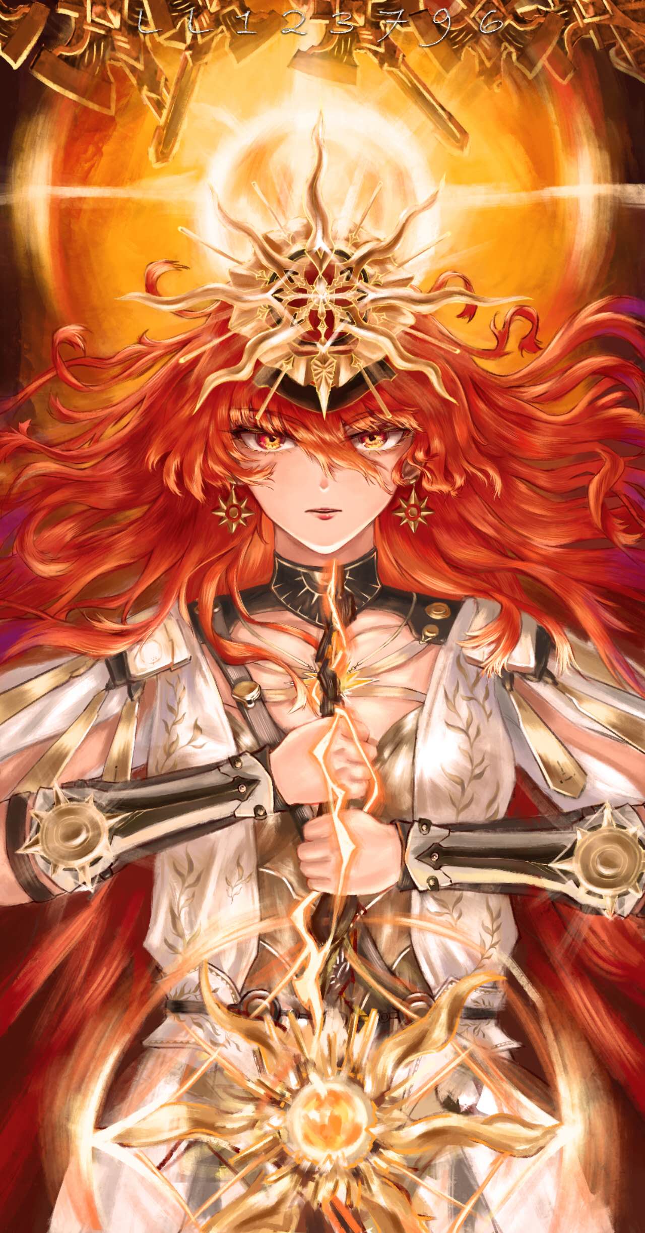 augusta (wuthering waves), wuthering waves, absurdres, chinese commentary, commentary request, highres, partial commentary, 1girl, ancient greek clothes, arm armor, armor, artist name, black collar, breastplate, breasts, collar, dress, earrings, greatsword, greco-roman clothes, hair between eyes, headgear, holding, holding sword, holding weapon, jewelry, ll123796, looking at viewer, medium breasts, orange eyes, orange hair, parted lips, solo, straight-on, sun earrings, sun necklace, sword, two-handed, weapon, white dress
