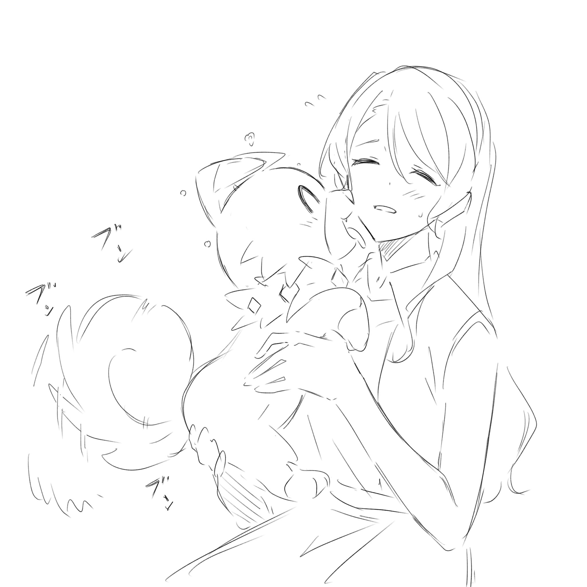 kanade (kanade 3344), hikawa sayo, bang dream!, highres, 1girl, blush, closed eyes, dog, greyscale, hair between eyes, monochrome, open mouth, simple background, solo, white background