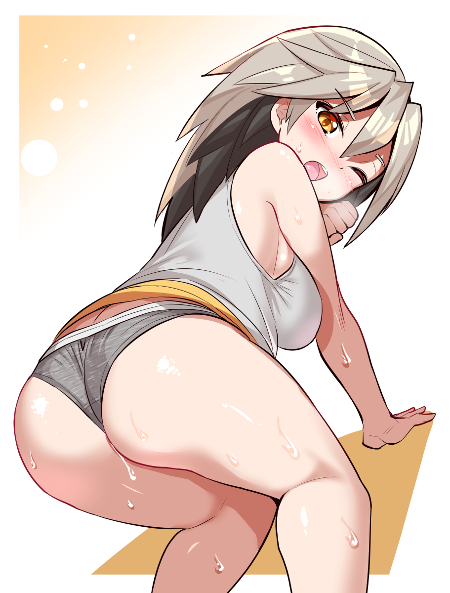 cougar (cougar1404), original, 1girl, all fours, ass, ass focus, bare shoulders, blush, breasts, brown hair, from behind, large breasts, long hair, looking at viewer, looking back, one eye closed, open mouth, orange eyes, panties, sideboob, solo, sweat, tank top, underwear