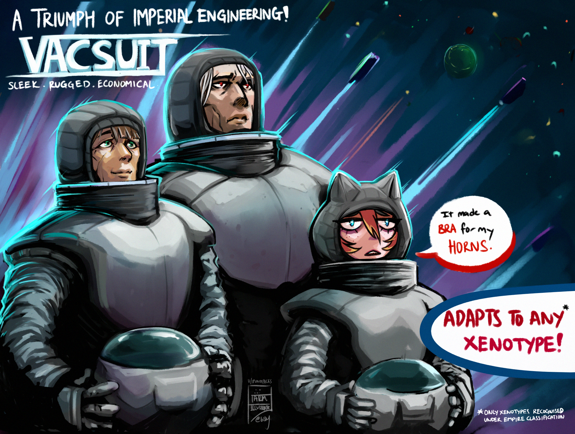 tarmillustrates, impid (rimworld), pawn (rimworld), rimworld, highres, 1girl, 2boys, blue eyes, brown hair, colored skin, debris, disclaimer, english text, freckles, green eyes, grey hair, helmet, hussar (rimworld), multiple boys, planet, poster (medium), red eyes, red hair, red skin, reddit username, short hair, signature, snoopy cap, space, space helmet, spacecraft, spacesuit, speech bubble